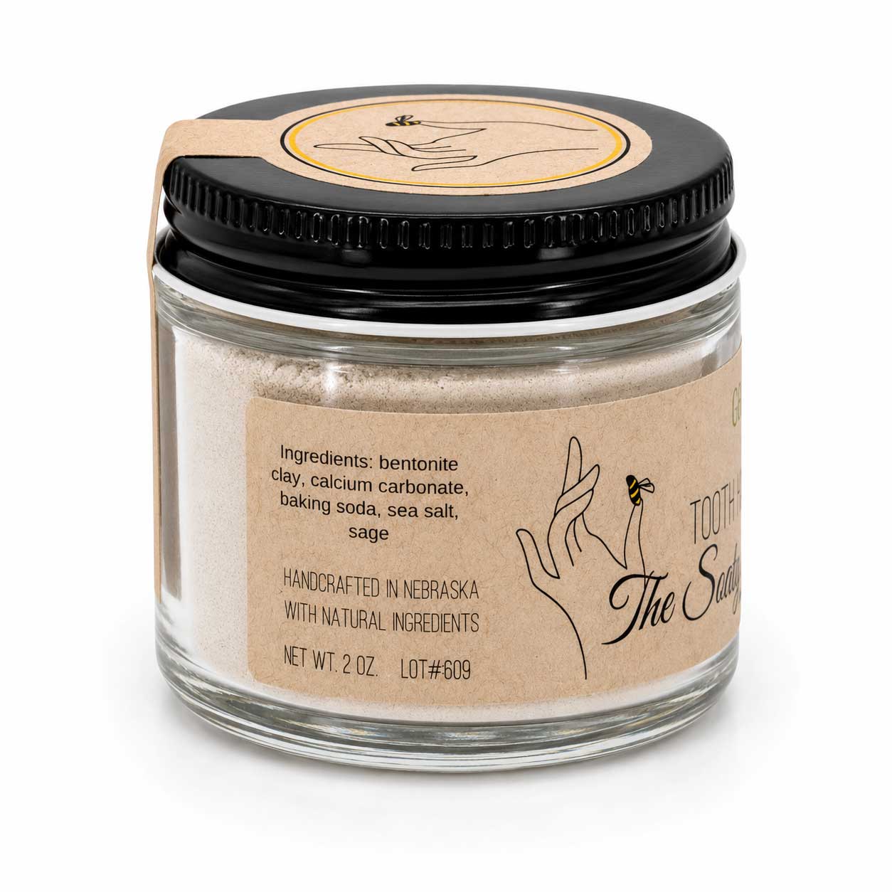 BuyNebraska.com Tooth Powder in 2 oz with colorful packaging, fluoride-free, available in multiple flavors, for natural oral care.