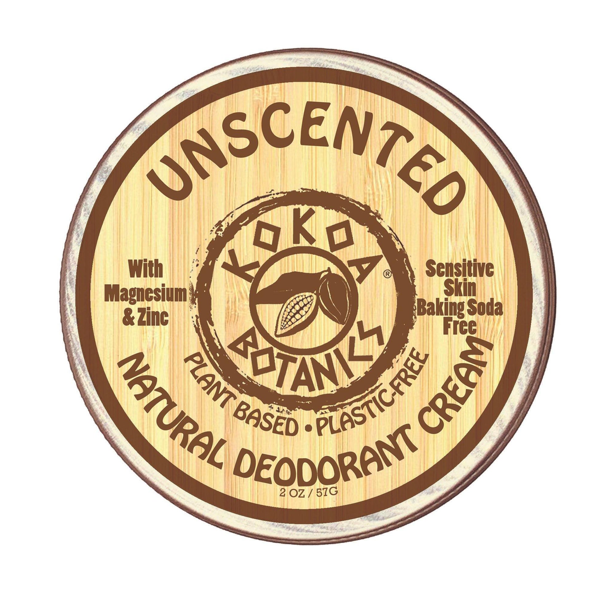 KOKOA BOTANICS unscented natural deodorant cream for sensitive skin in a 2.5 oz jar, baking soda-free, creamy texture