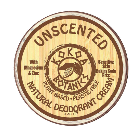 KOKOA BOTANICS unscented natural deodorant cream for sensitive skin in a 2.5 oz jar, baking soda-free, creamy texture