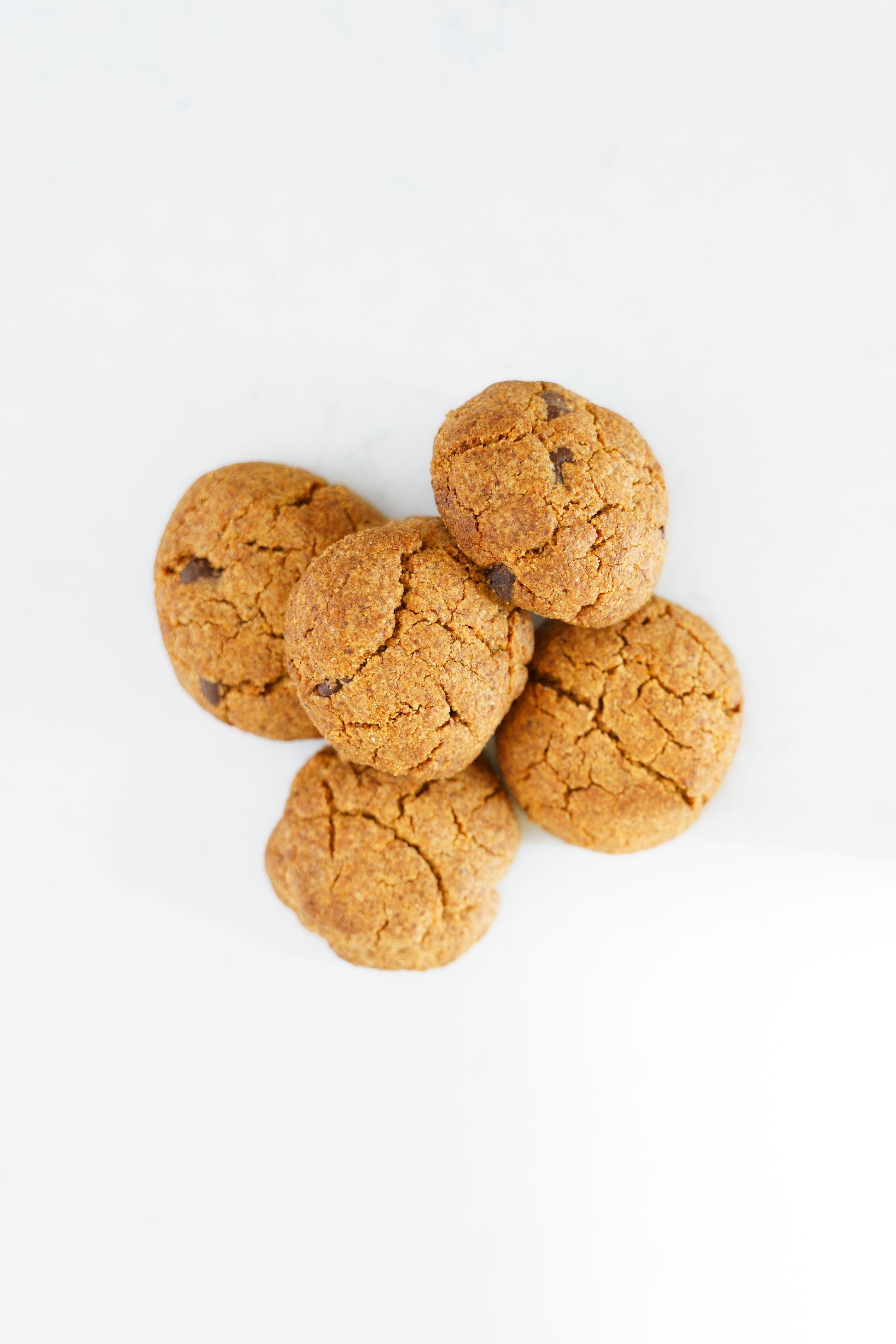 Four gluten-free vegan chocolate-chip cookies from Heaven Gluten Free Bakery on a white background.