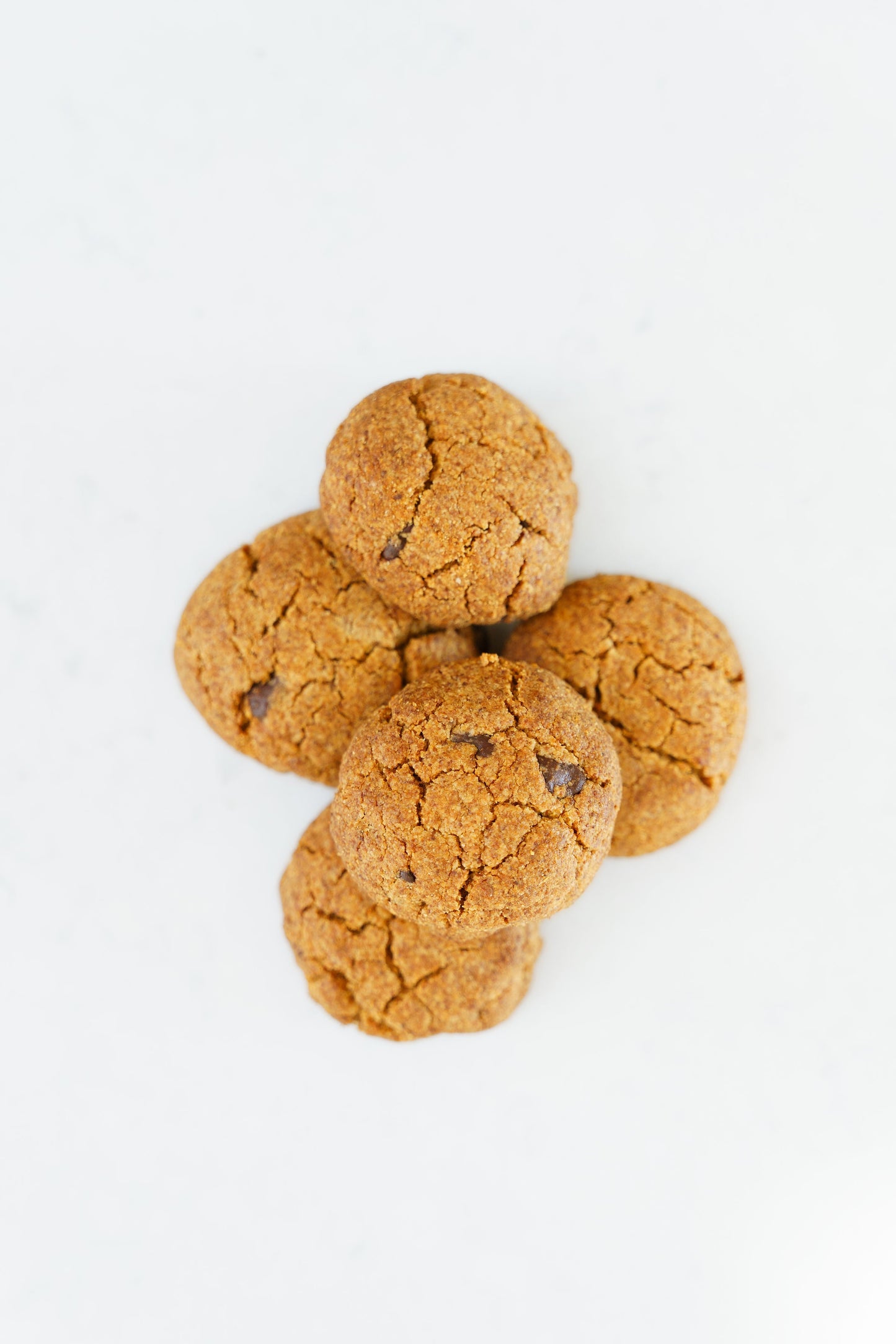 Four gluten-free vegan chocolate-chip cookies from Heaven Gluten Free Bakery on a plate, showcasing their soft texture and chocolate chips.