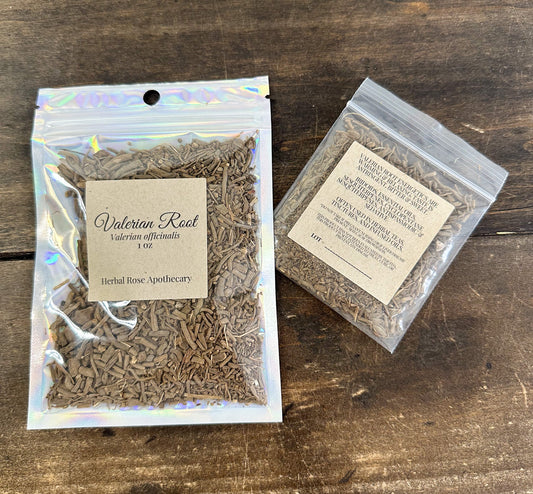 Dried valerian root herbs in a natural, earthy bundle, showcasing the herbalroseapothecary brand for calming herbal remedies.