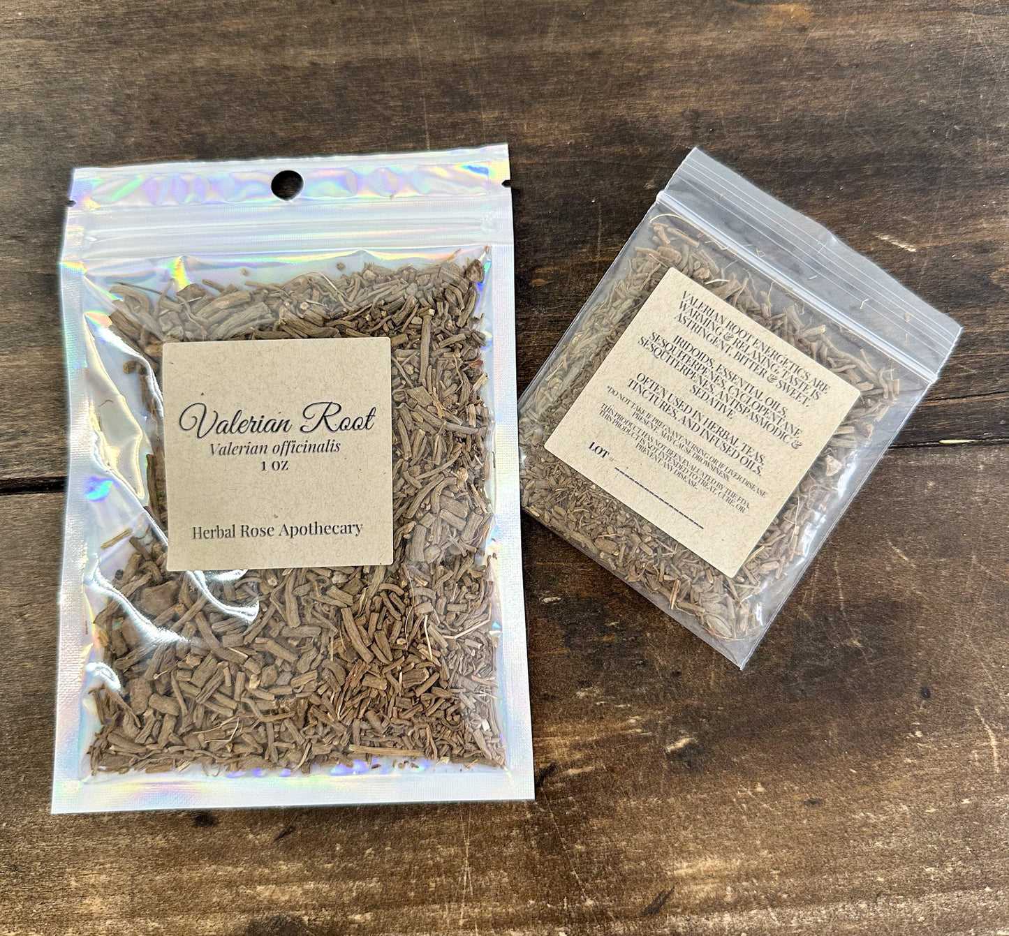 Dried valerian root herbs from HerbalRoseApothecary, showing whole, earthy-colored roots with a textured surface.