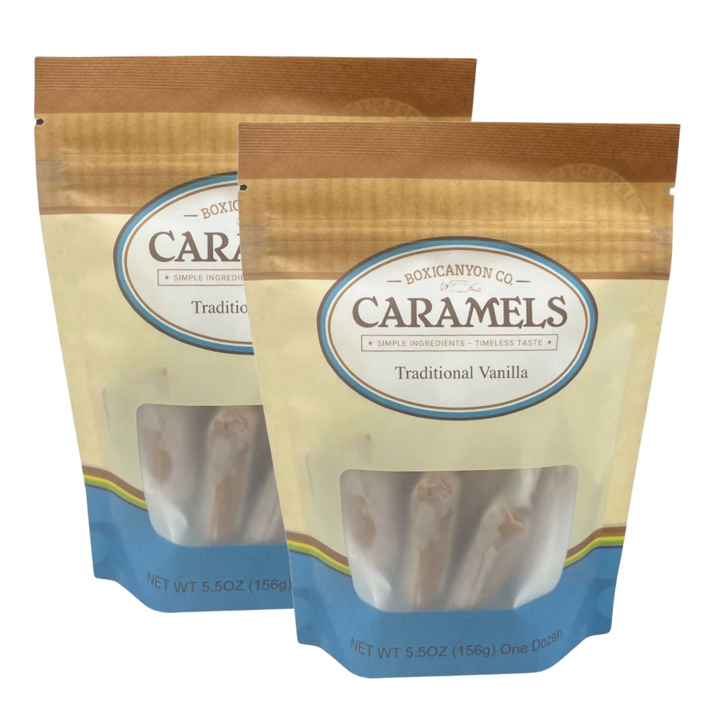 Two boxes of Boxicanyon Vanilla Caramels, featuring 12 creamy vanilla-flavored caramel candies in each pack.