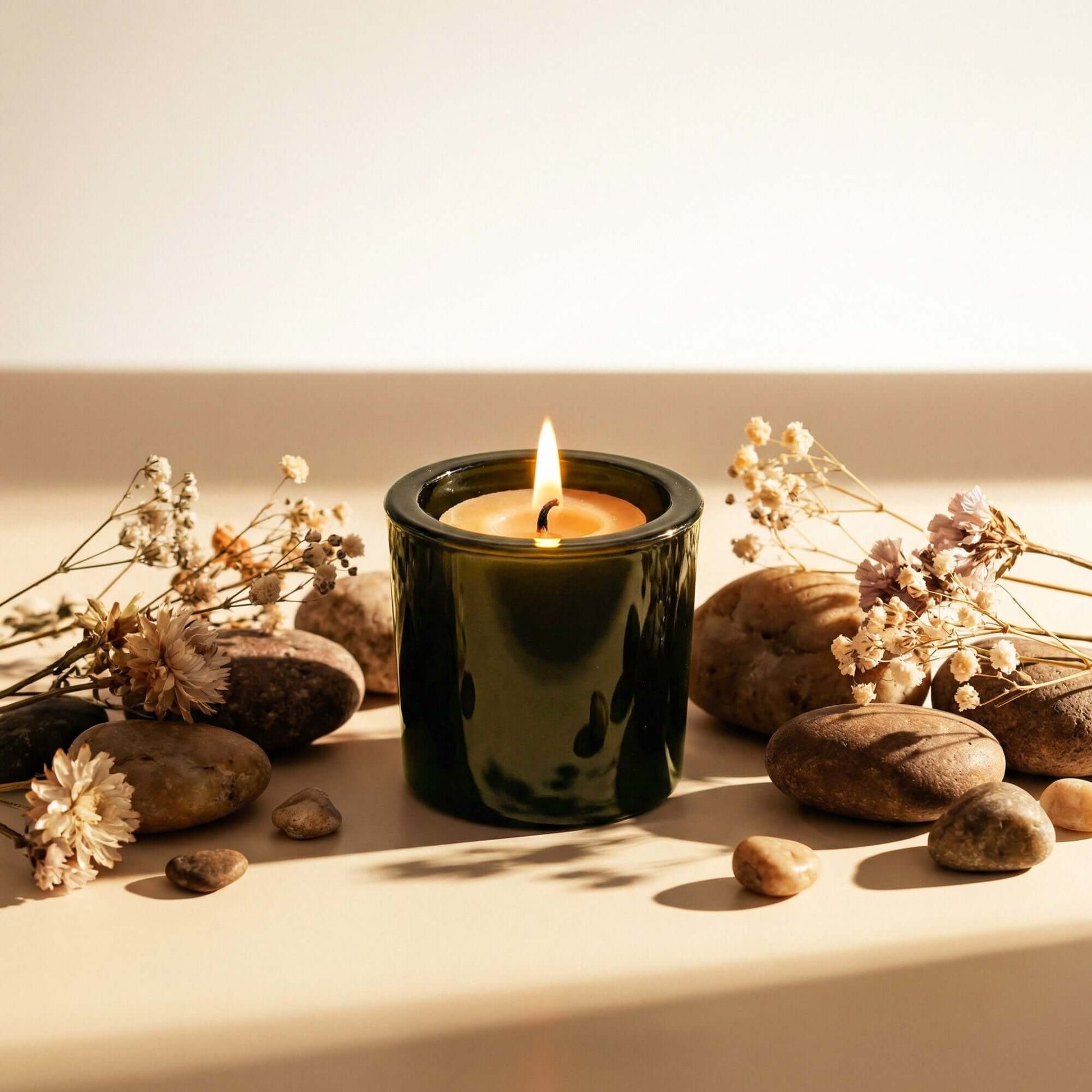 Vintage green glass votive candle holder from Bluecorn Candles, designed for beeswax candles, made from recycled glass.