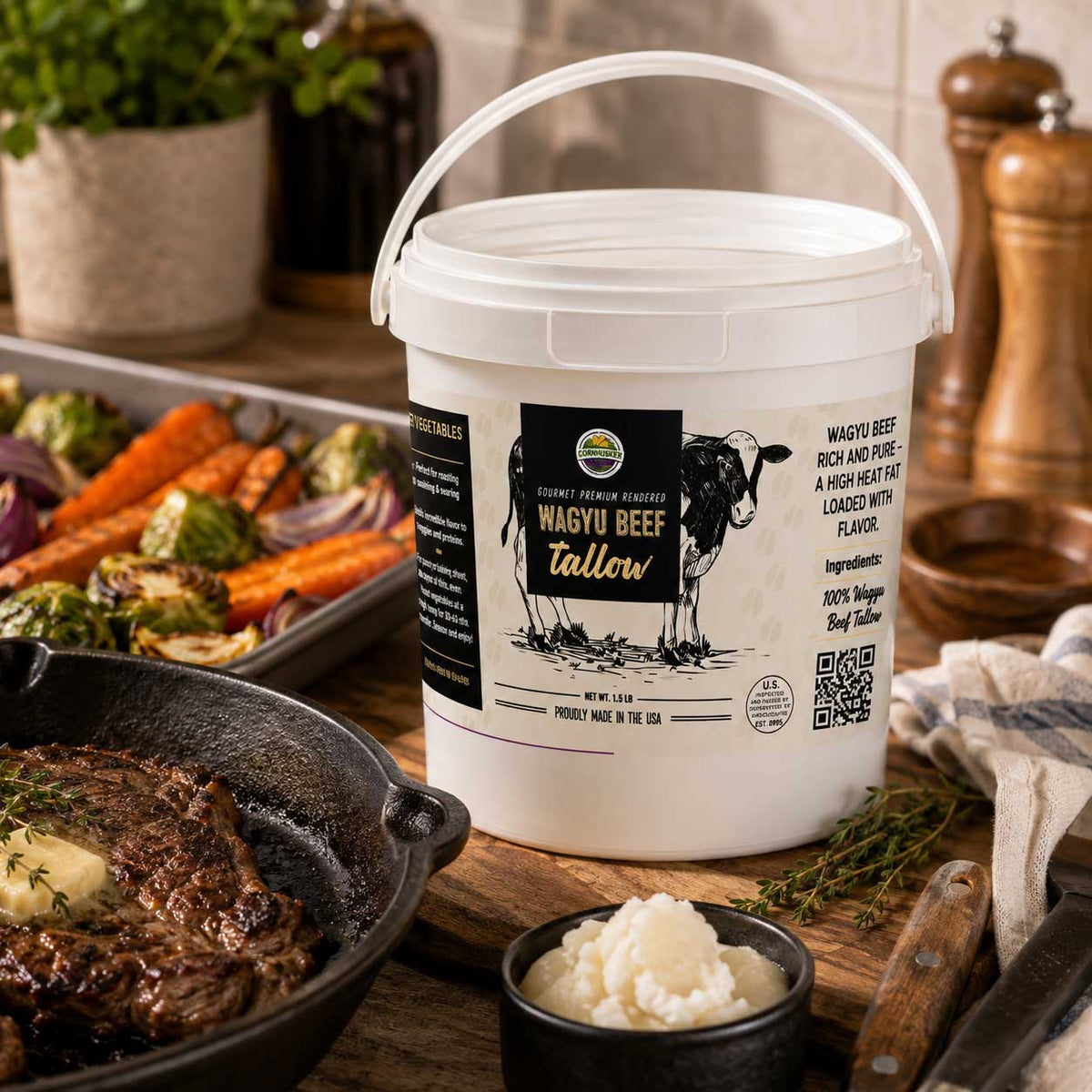 Rendered Wagyu beef tallow in a 1.5 lb container from Cornhusker Kitchen, showcasing rich, golden beef fat for cooking.