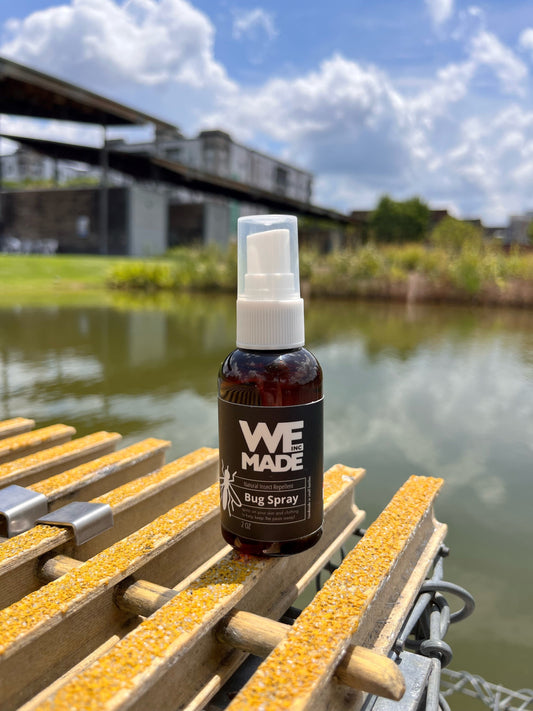WE Made 2 oz. bug spray bottle, natural insect repellent with spray nozzle, in a clear plastic container.