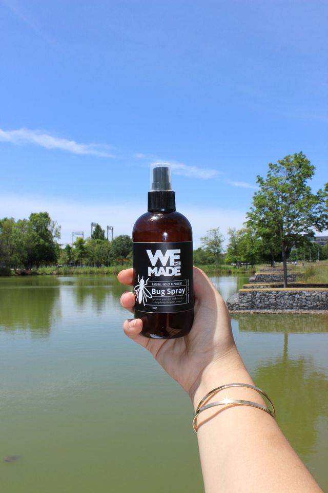 Natural insect repellent bug spray by WE Made, featuring a spray bottle with eco-friendly ingredients for insect protection.