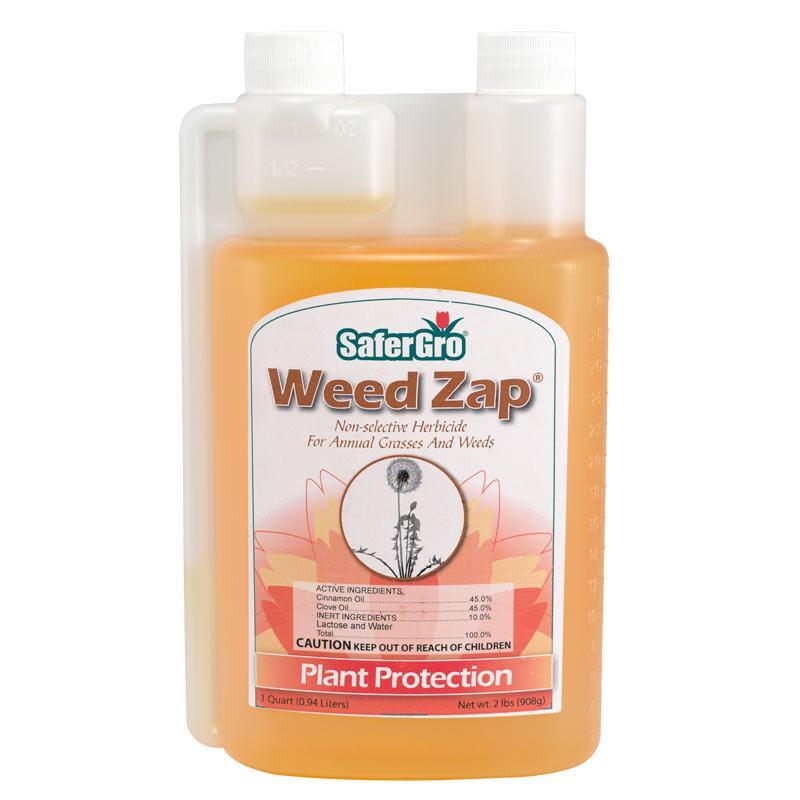 Grow Organic Weed Zap quart pest control bottle for effective weed and pest management in gardens.