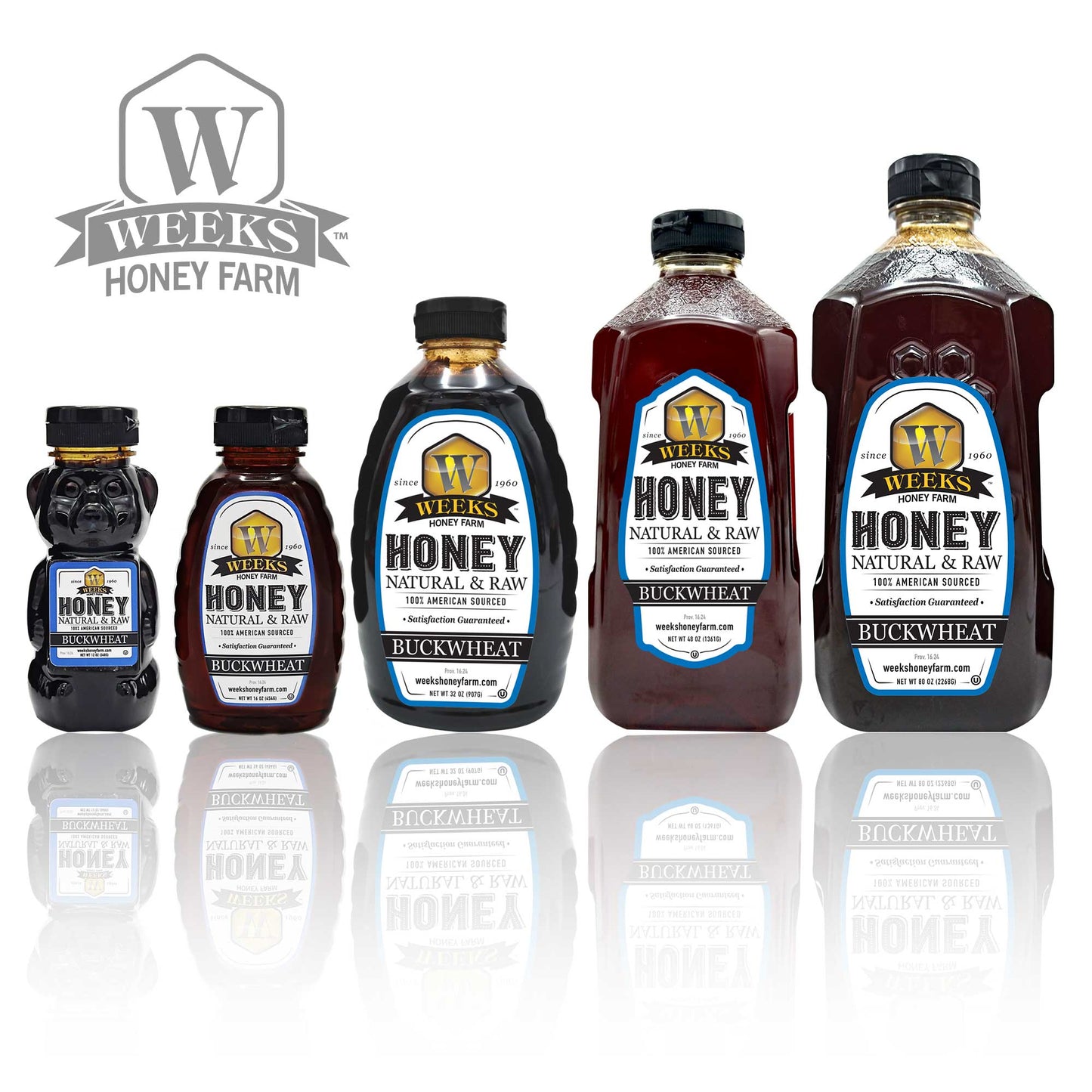 Five bottles of Weeks Honey Farm Raw Buckwheat Honey—pure, all-natural, antioxidant-rich with a dark, robust molasses flavor—are displayed in various sizes with white labels and black caps. The Weeks Honey Farm logo is in the upper left corner.