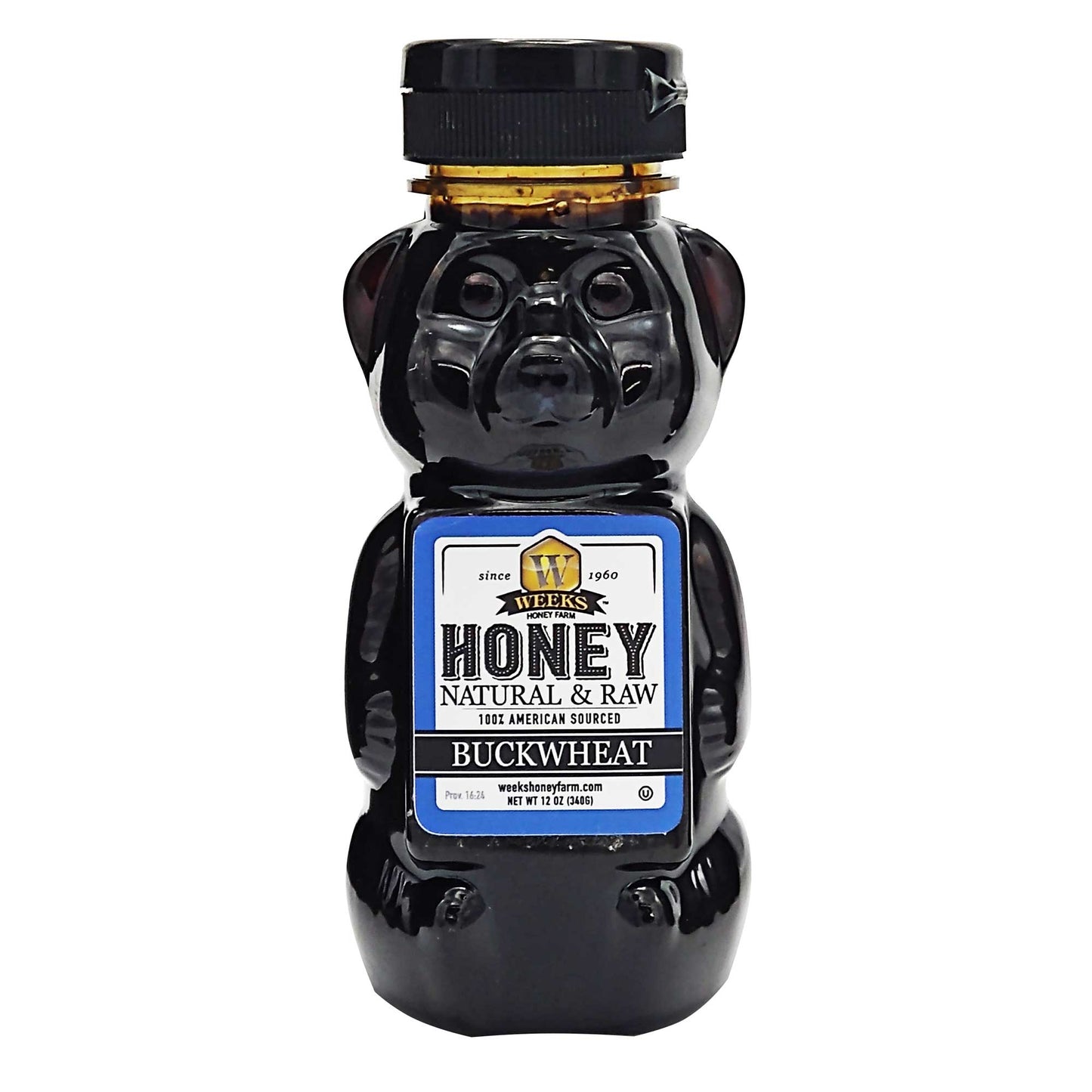 Weeks Honey Farm’s bear-shaped bottle contains pure, antioxidant-rich raw buckwheat honey with a dark, robust molasses flavor—perfect for coffee, waffles, and barbecue. Black cap and label display “Honey Natural & Raw, Buckwheat” with branding details.