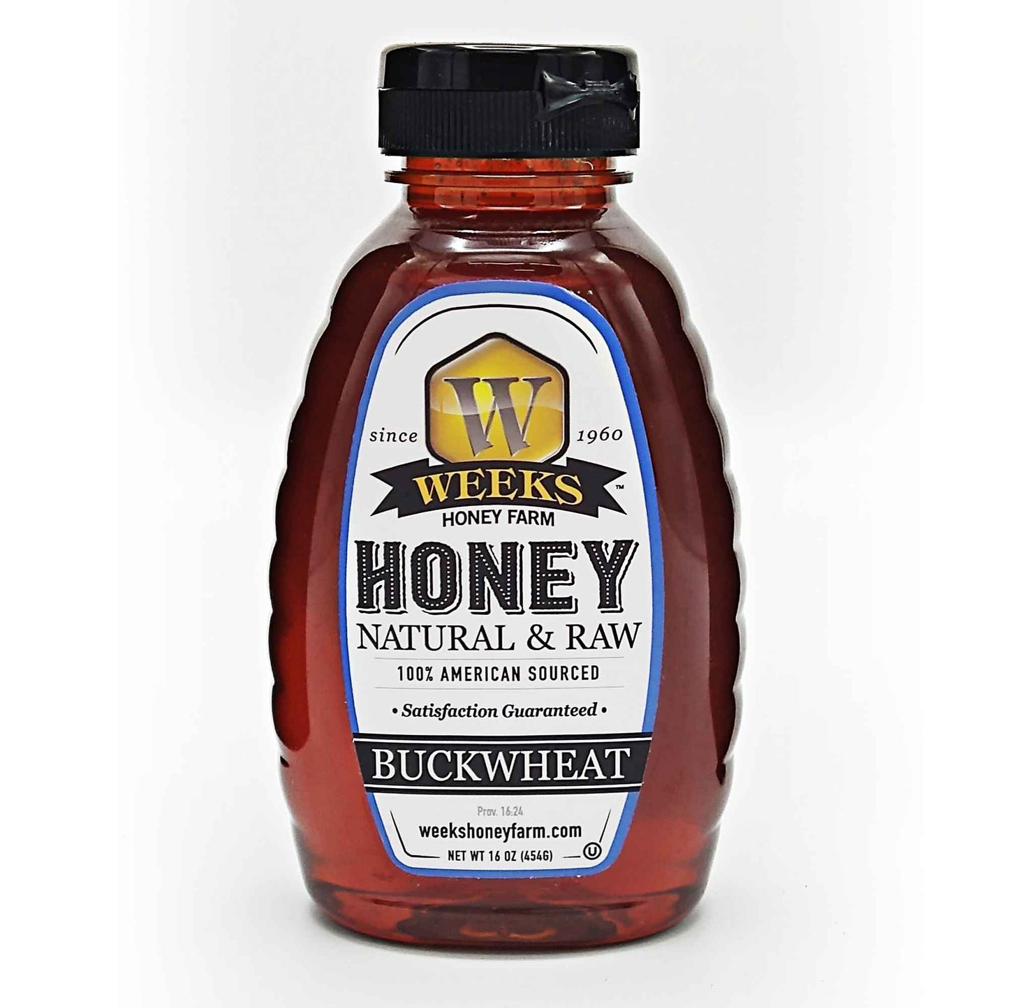 A plastic bottle of Weeks Honey Farm’s Raw Buckwheat Honey with a black cap features a label stating Natural & Raw, 100% American Sourced, the website weekshoneyfarm.com, and boasts an antioxidant-rich dark molasses flavor.