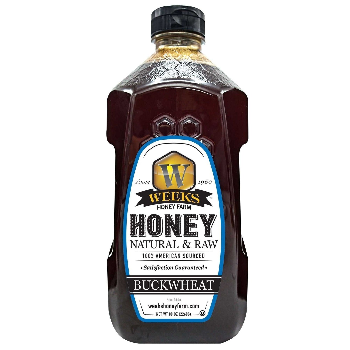 Weeks Honey Farm Raw Buckwheat Honey comes in a plastic bottle with a black cap and white label. Pure, all-natural, antioxidant-rich honey with a dark, robust molasses flavor—perfect for coffee, waffles, or BBQ sauce.