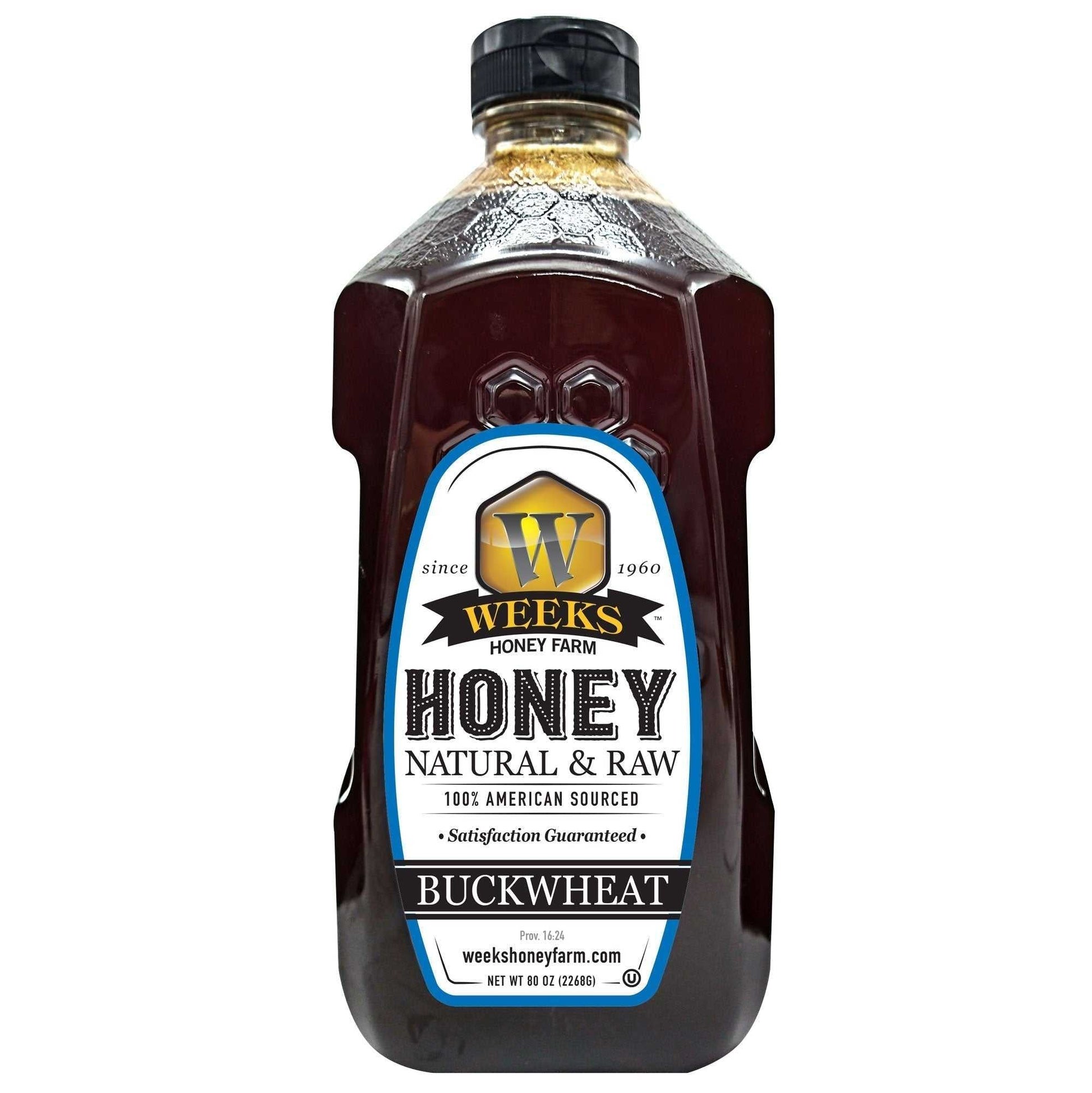 Weeks Raw Buckwheat Honey from Weeks Honey Farm, 12 oz, all-natural, antioxidant-rich honey with dark, robust molasses flavor.