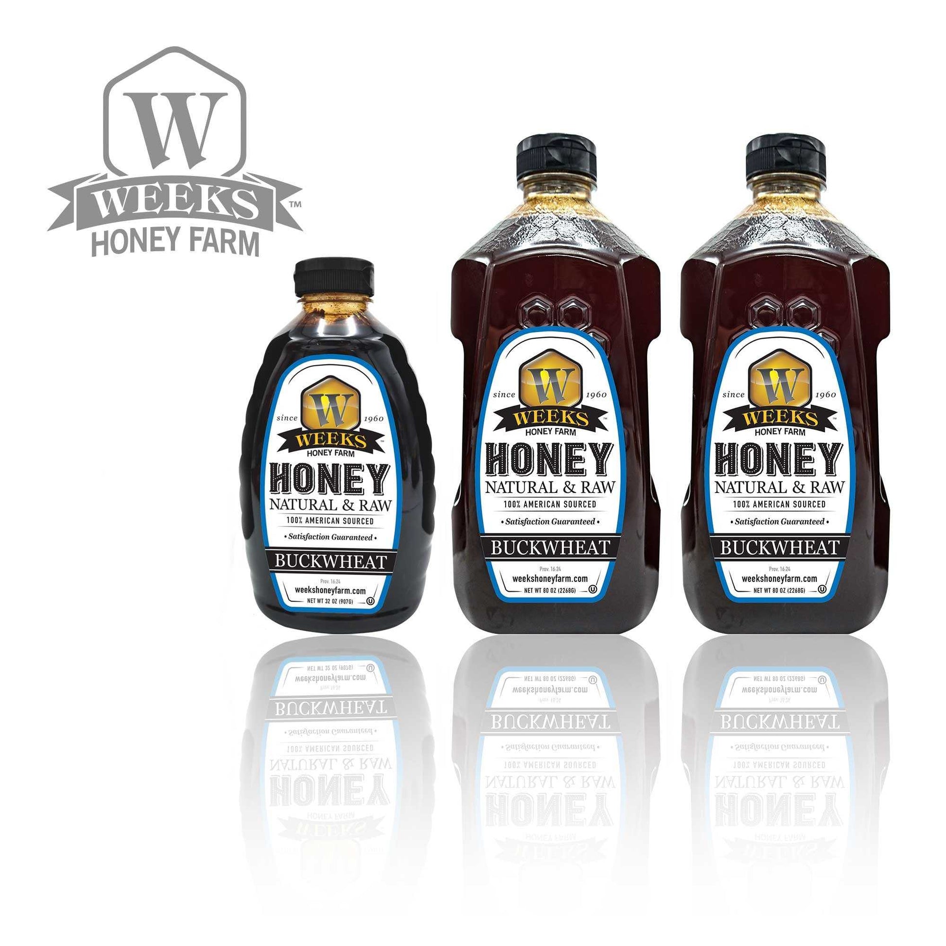 Three jars of Weeks Honey Farm Raw Buckwheat Honey, pure and all-natural with a dark, robust molasses flavor and rich in antioxidants, are shown in various sizes. The Weeks Honey Farm logo is visible on the left.