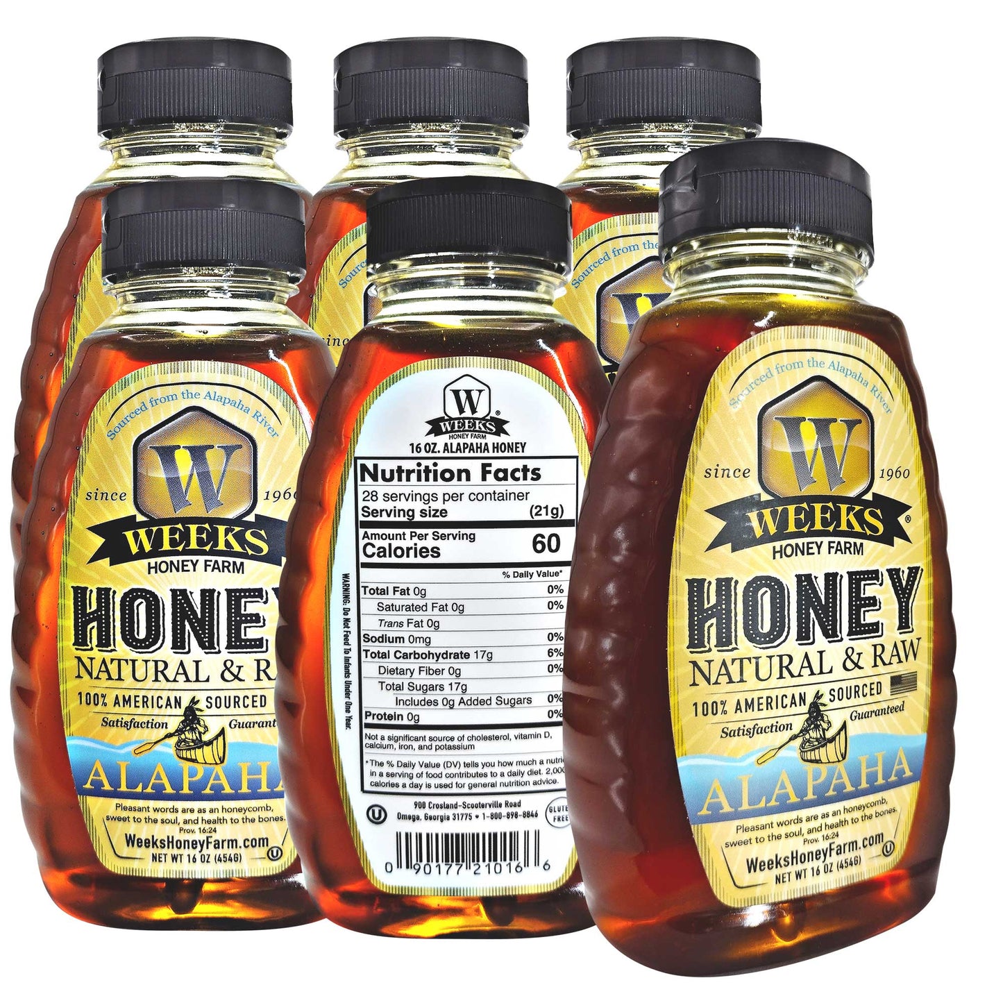 Five bottles of Weeks Honey Farm Premium Raw Alapaha Honey are shown, with one turned to display nutrition facts. Labels highlight its wildflower blend, Georgia river sourcing, and antioxidant-rich, pure honey since 1960.