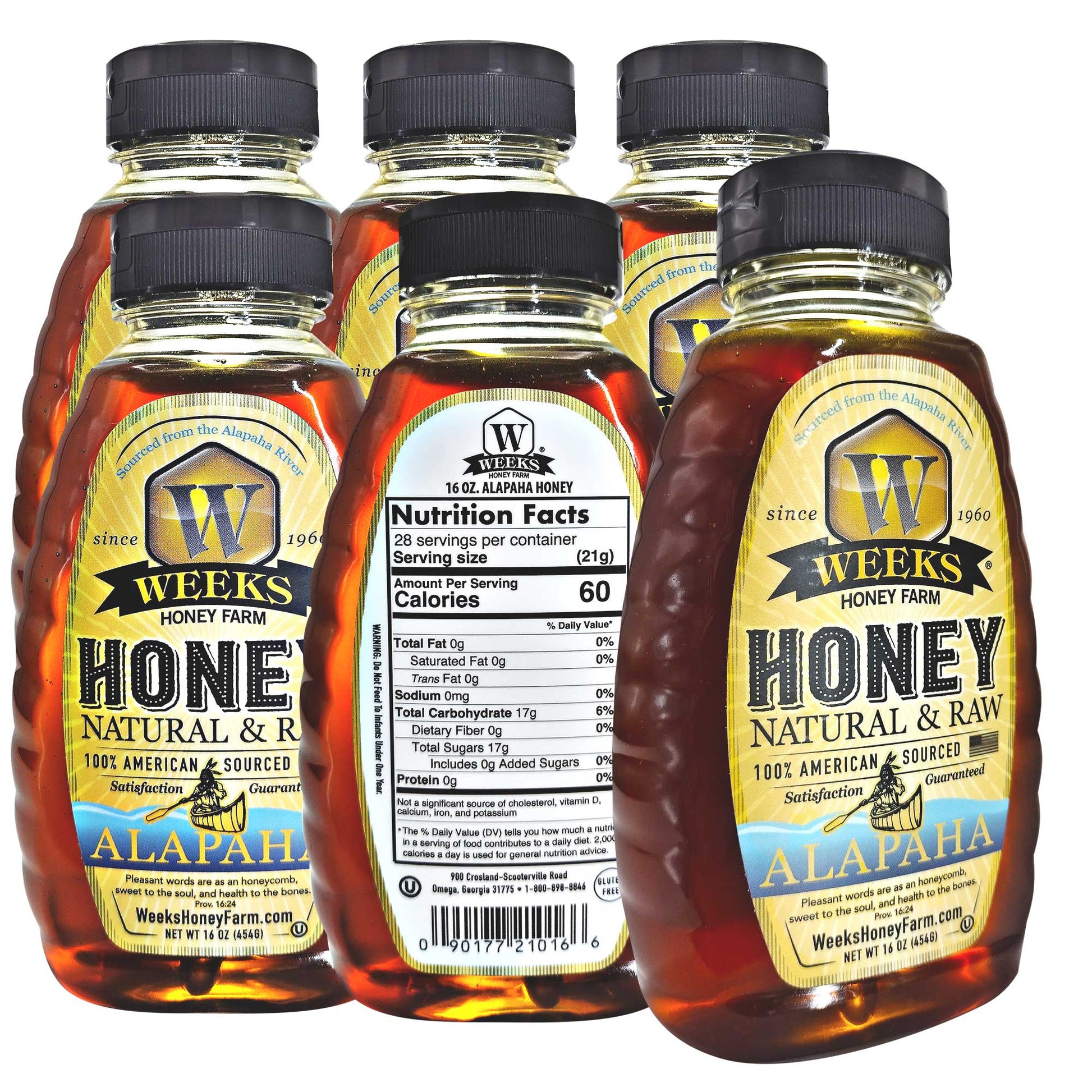 Five bottles of Weeks Honey Farm Premium Raw Alapaha Honey are shown, with one turned to display nutrition facts. Labels highlight its wildflower blend, Georgia river sourcing, and antioxidant-rich, pure honey since 1960.