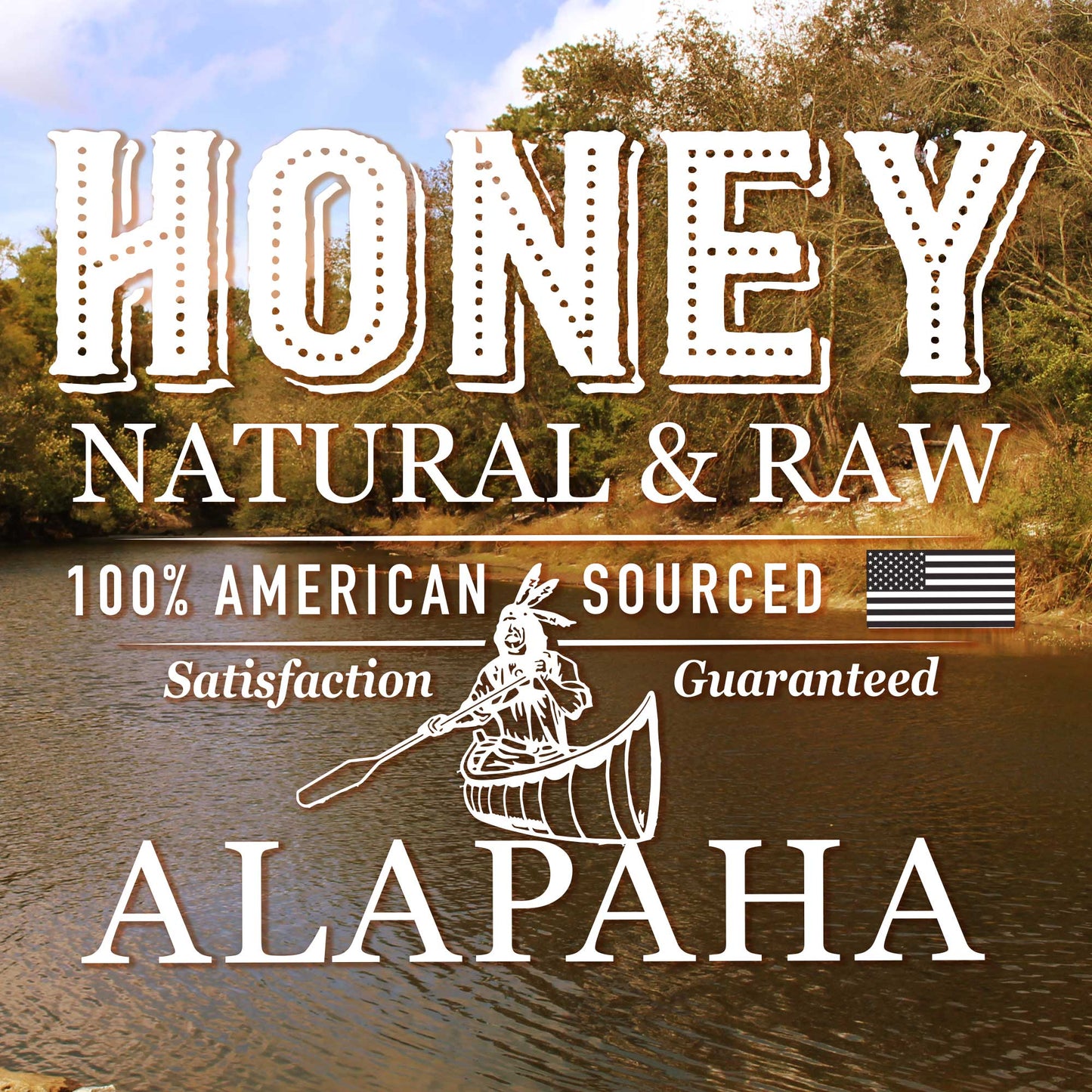 Weeks Honey Farm’s Premium Raw Alapaha Honey label features a river, trees, and a person canoeing, highlighting its pure unfiltered wildflower blend from South Georgia with satisfaction guaranteed. Rich in antioxidants and floral notes.