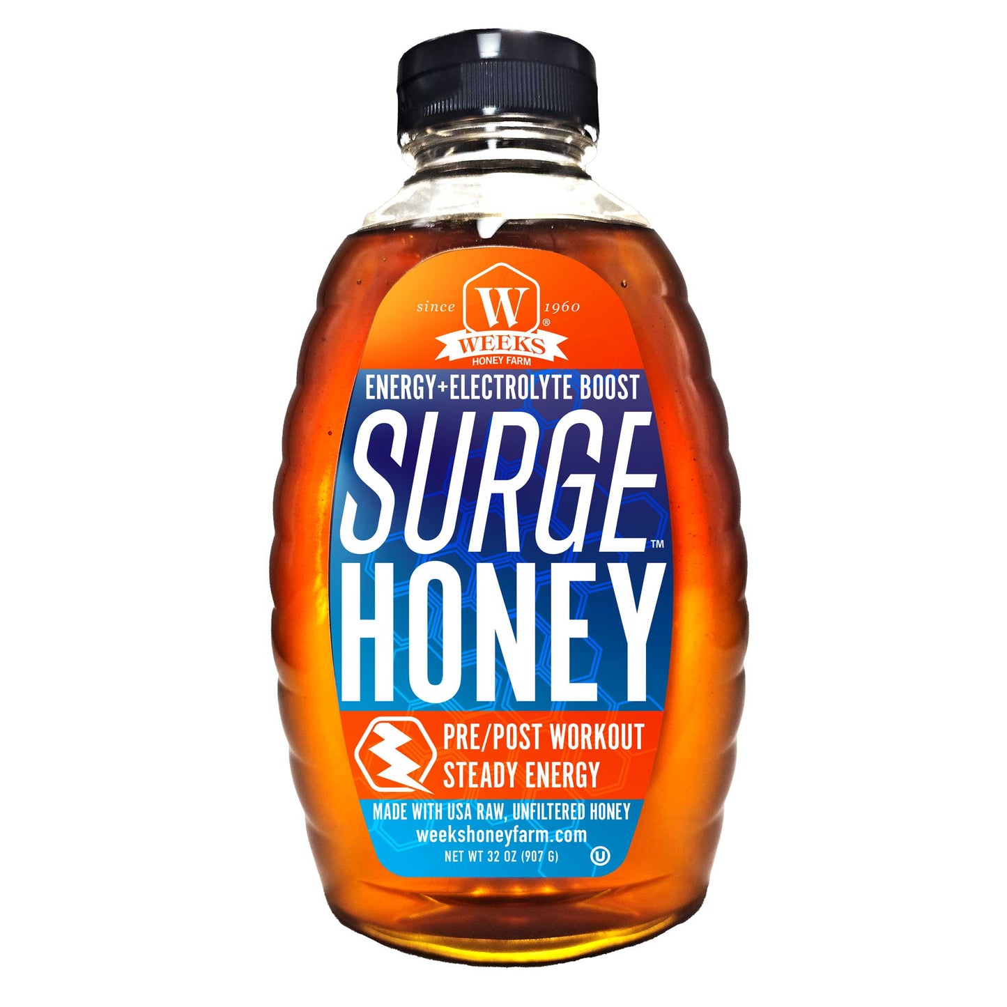 A plastic bottle of Surge Honey™ by Weeks Honey Farm, made with raw, unfiltered USA honey and Himalayan Pink Salt, serves as an energy and electrolyte boost for athletes pre/post workout; blue and orange label.