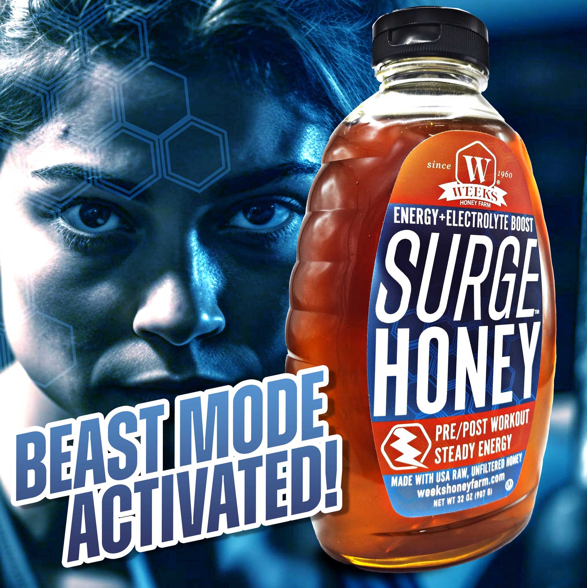 Weeks Honey Surge Honey in 16 oz jar, energy-boosting honey to enhance electrolytes for pre and post workout recovery.