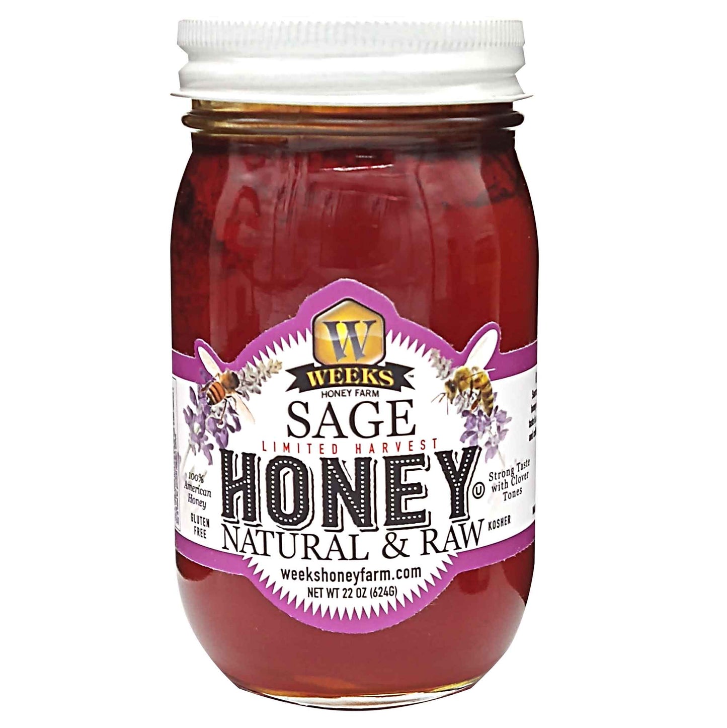 16 oz jar of Weeks Honey Farm’s all-natural raw sage honey, showcasing golden honey with a rustic label for limited harvest.