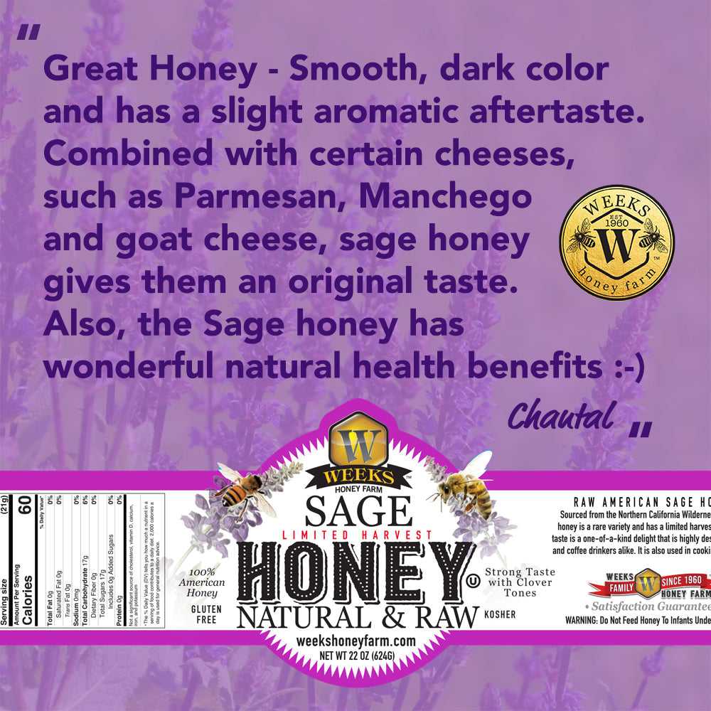 16 oz jar of Weeks Honey Farm raw sage honey, showcasing the natural honey with a golden color and textured lid.