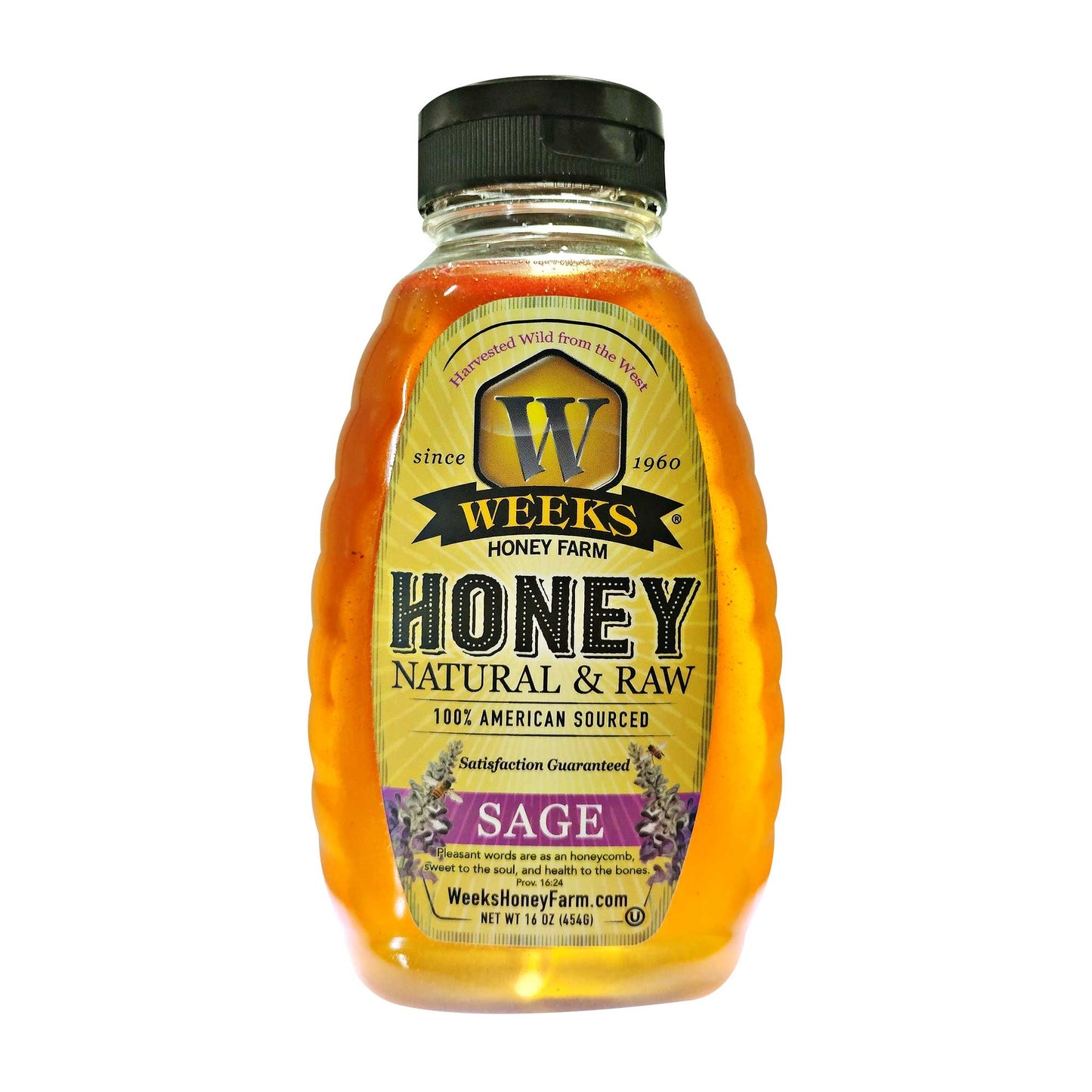 16-ounce jar of Weeks Honey Farm raw sage honey, showcasing golden honey with a rustic label, limited harvest all-natural honey.