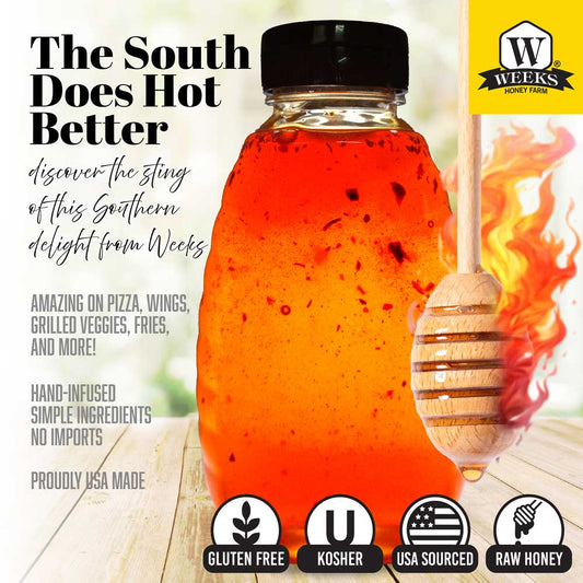 A bottle of Weeks Hawt Honey—raw chile-infused honey from Weeks Honey Farm—sits beside a flaming dipper. Text highlights its simple, natural ingredients, versatile uses, and icons for gluten free, kosher, USA sourced, and raw honey.