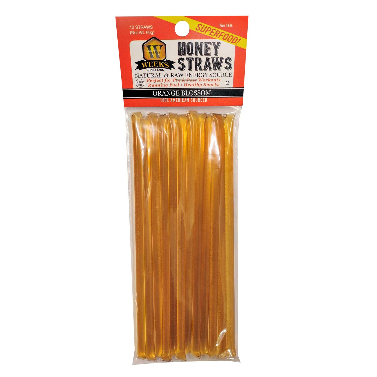 Enjoy a 12-pack of Weeks Honey Farm Raw Honey Straws—orange blossom flavor—all-natural, raw energy and superfood.