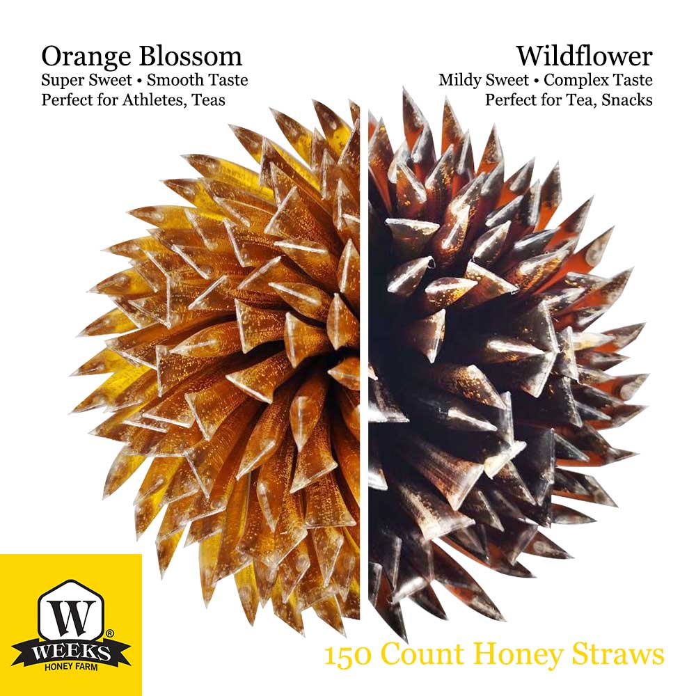 Split image displays Weeks Honey Farm Raw Honey Straws—Orange Blossom left, Wildflower right. Bottom left logo. Text notes 150-count all-natural honey straws, flavor profiles, and versatile uses. Also available: Raspberry Honey.