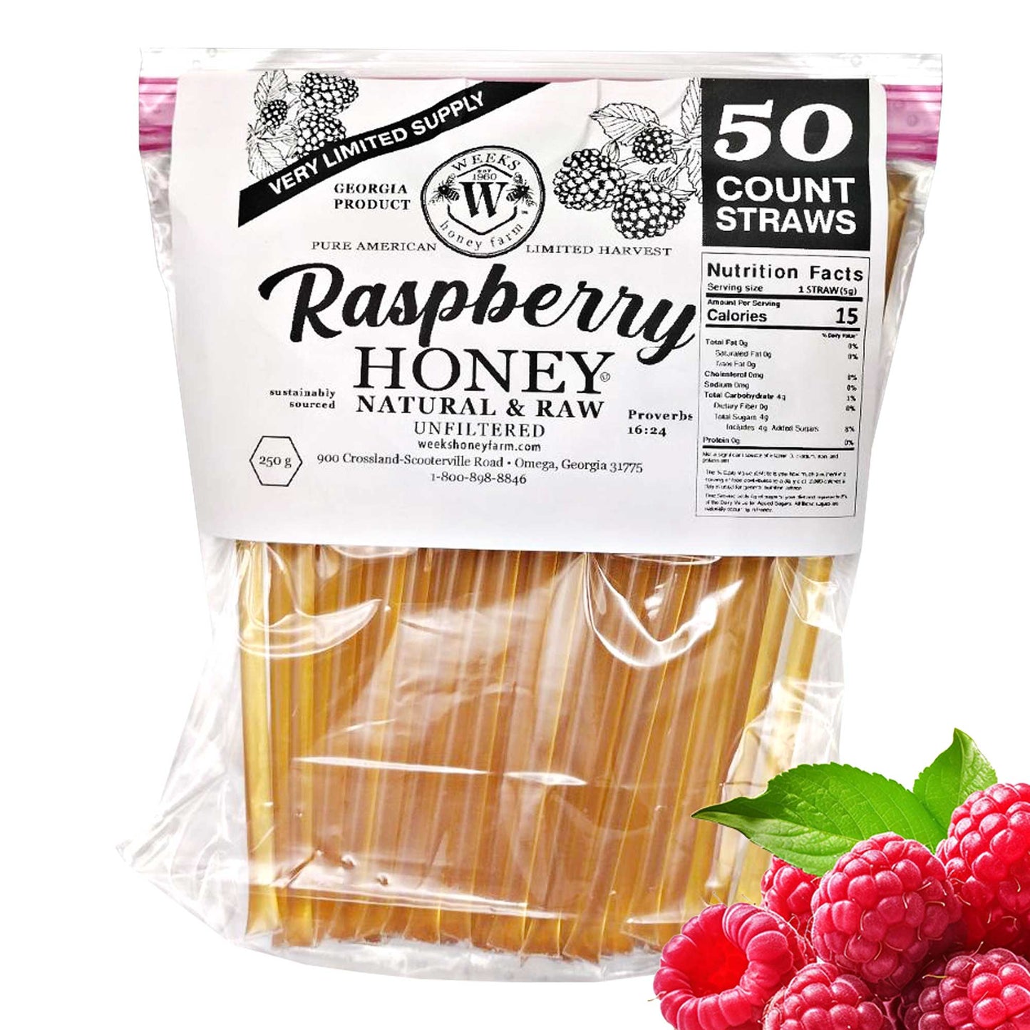 A clear bag labeled Weeks Honey Farm Raw Honey Straws—Raspberry Honey variety—contains 50 straws. Packaging features nutrition facts, a raspberry graphic, real raspberries bottom right, and highlights all-natural honey.