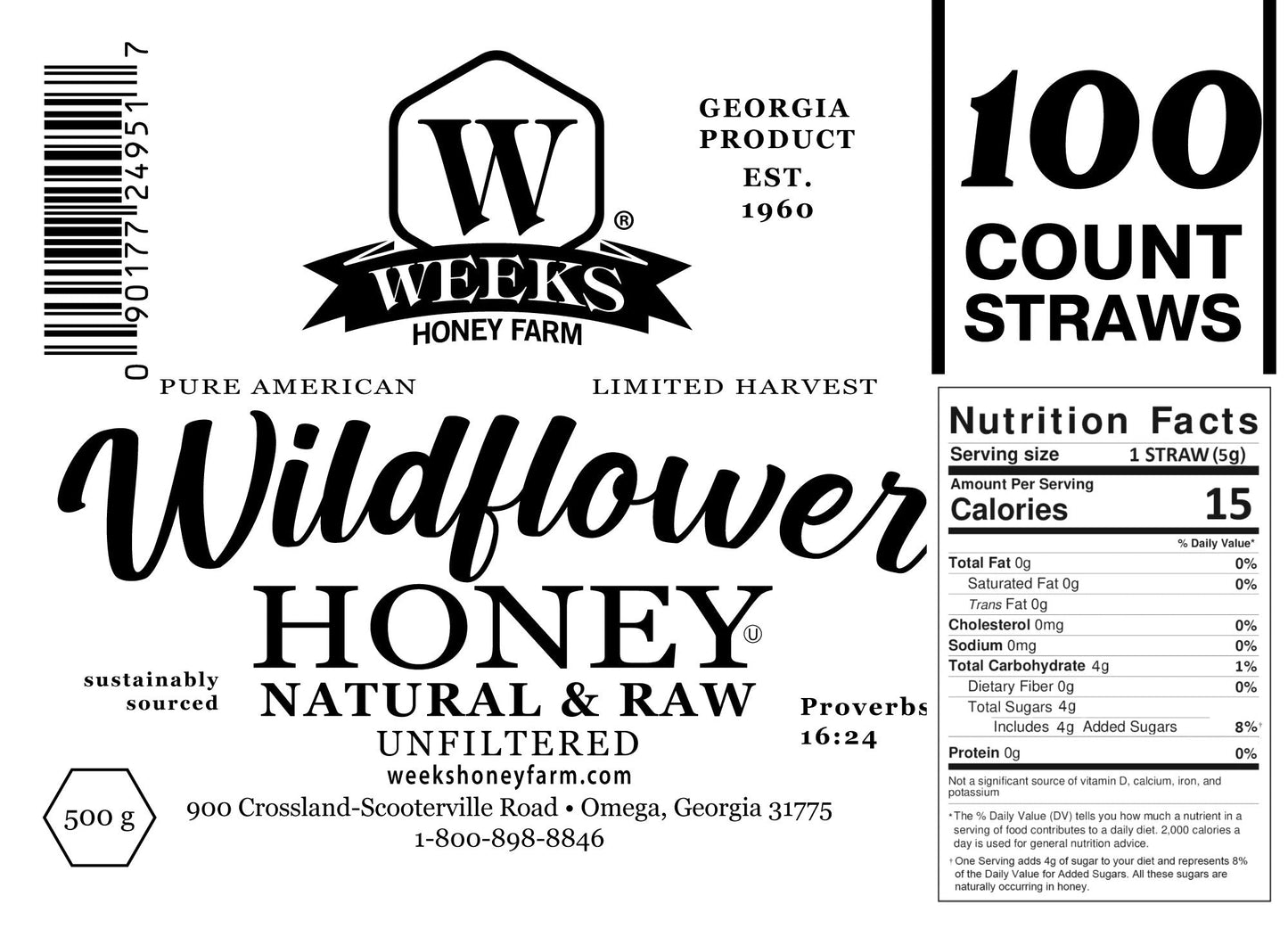 Label for Weeks Honey Farm Raw Honey Straws: Orange Blossom, Wildflower, Raspberry. 100 count, all-natural, unfiltered honey. 15 calories per straw. Includes nutrition facts, address, barcode, Proverbs 16:24. Black text on white background.
