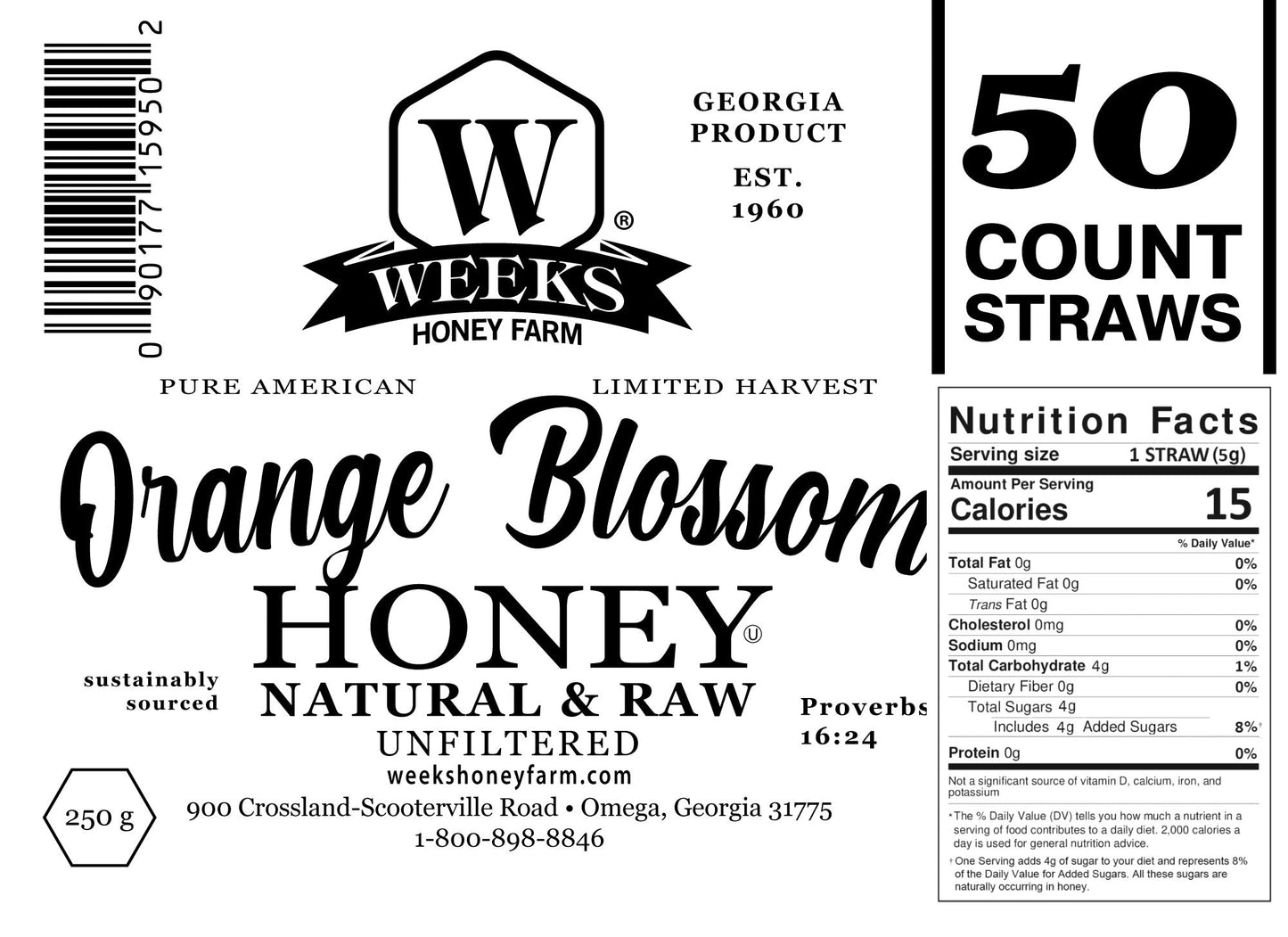 Label for Weeks Honey Farm Raw Honey Straws—Orange Blossom, Wildflower, Raspberry—showcasing nutrition facts, company info, and bold text highlighting 50-count natural, raw, unfiltered honey straws sustainably sourced in Georgia.
