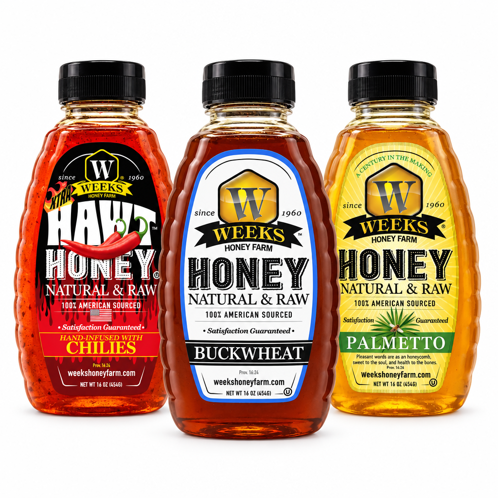 Weeks Honey Farm Raw Honey Trio Gift Set with Hawt, Buckwheat, and Palmetto honey jars on white background