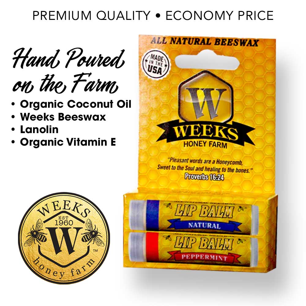The Weeks Honey Farm Twin Pack features two all-natural beeswax lip balms (regular and peppermint) with a bee and honeycomb design. Hand poured on the farm for natural, nourishing moisture.