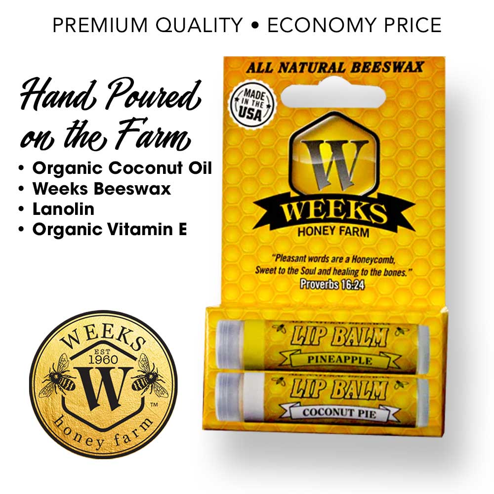 Two Weeks All Natural Beeswax Lip Balms by Weeks Honey Farm, in coconut pie and pineapple flavors, are shown in yellow honeycomb packaging with key ingredients: organic coconut oil, beeswax, lanolin, and vitamin E.