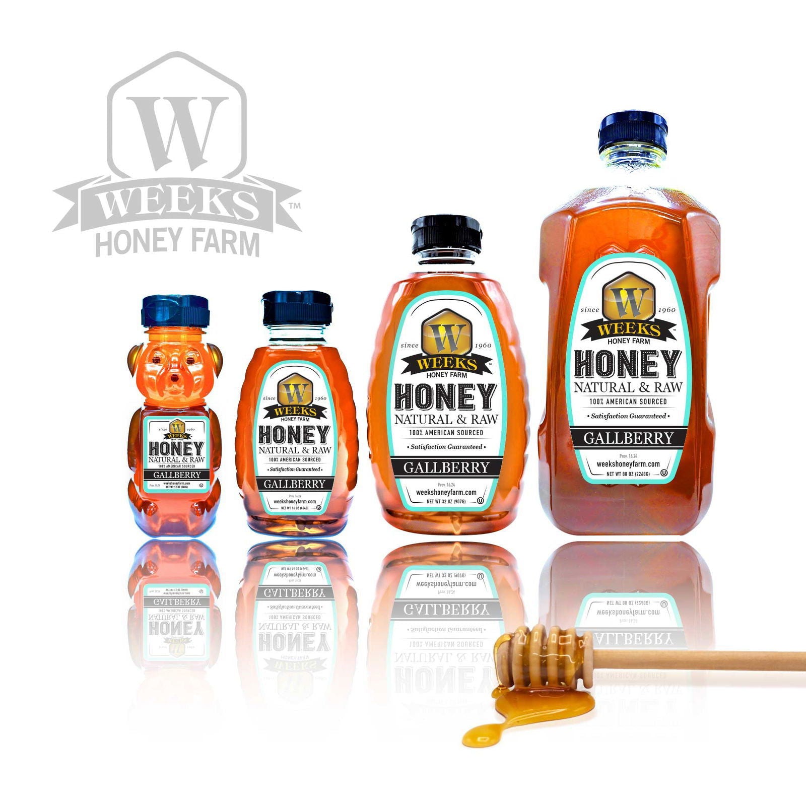 Four bottles of Weeks Naturals’ Our Best All-Natural Pure Raw Gallberry Honey are arranged in a row with a honey-covered dipper in front, and the Weeks Honey Farm logo is visible in the background.