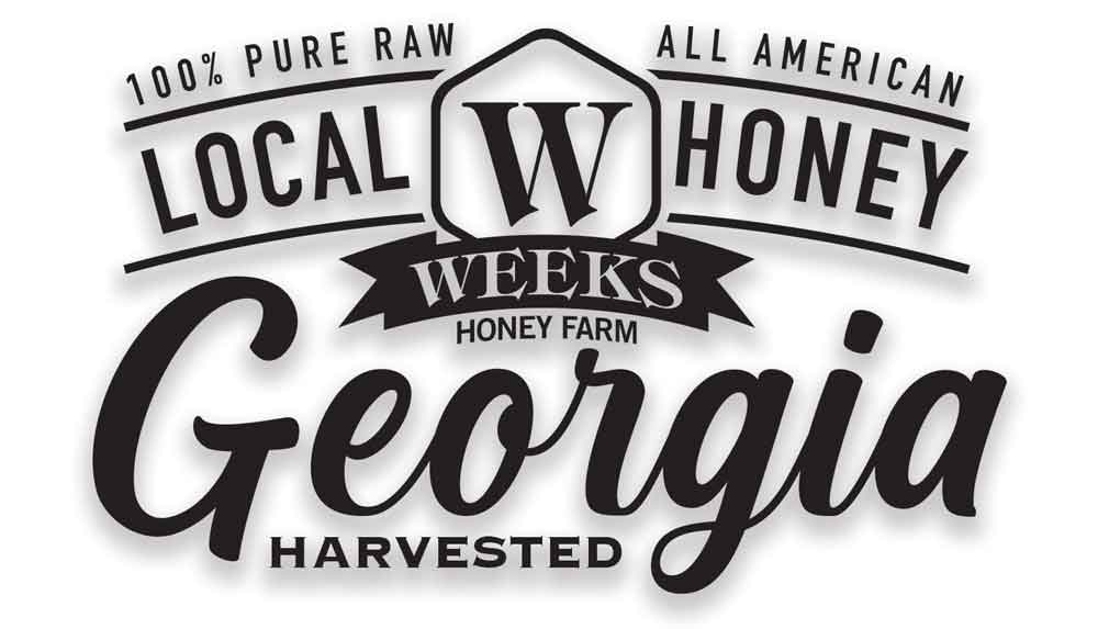 Bold black and white logo with "Our Best All-Natural Pure Raw Gallberry Honey" by Weeks Naturals | Weeks Honey Farm, featuring stylized text and ribbon—ideal for highlighting pure, raw Georgia honey.