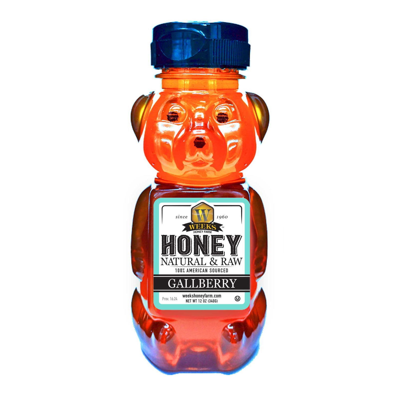 A bear-shaped plastic bottle with a black flip-top contains Our Best All-Natural Pure Raw Gallberry Honey by Weeks Naturals | Weeks Honey Farm. The amber honey is labeled with a white, gold, and black accented design.
