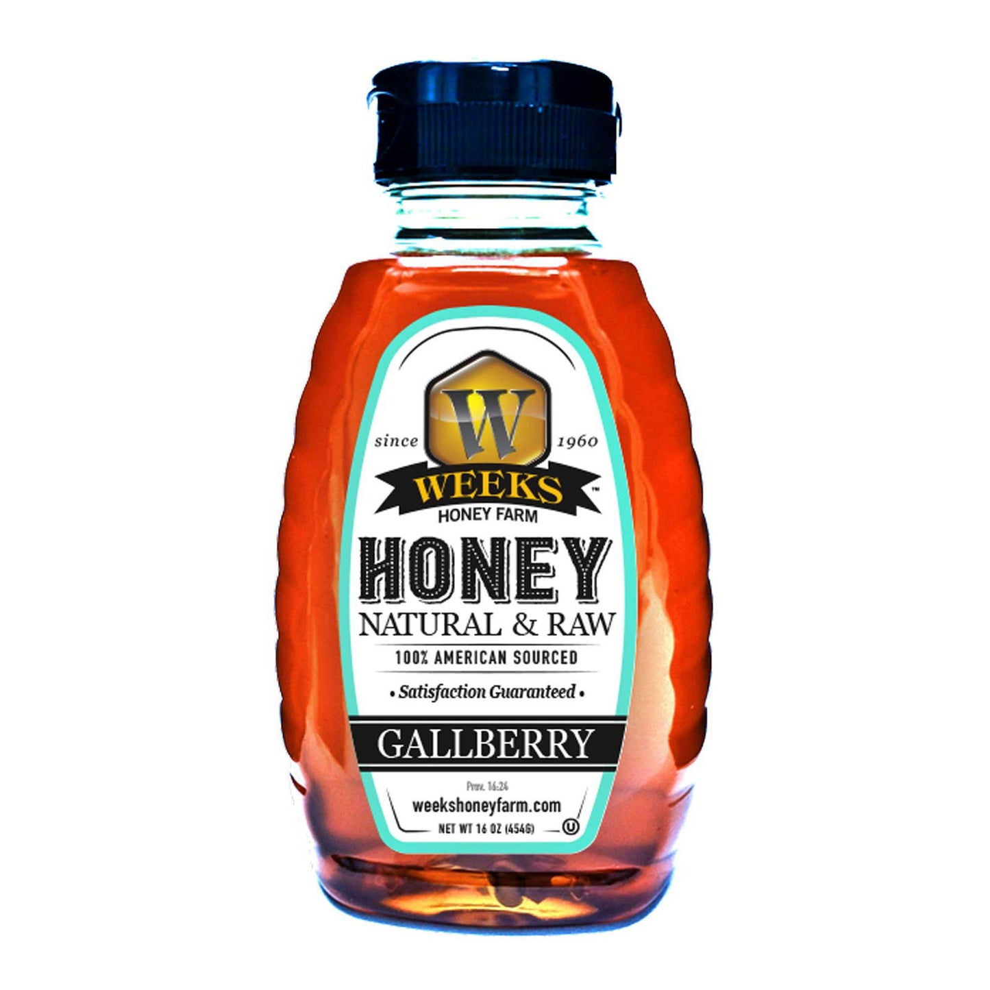 A plastic bottle of Weeks Naturals | Weeks Honey Farm Our Best All-Natural Pure Raw Gallberry Honey, labeled 100% American Sourced, with a black cap and clear golden honey inside.