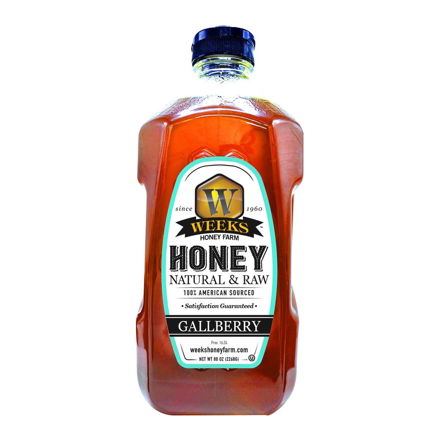 A clear plastic bottle of amber-colored Our Best All-Natural Pure Raw Gallberry Honey by Weeks Naturals | Weeks Honey Farm, labeled 100% American sourced with weekshoneyfarm.com.