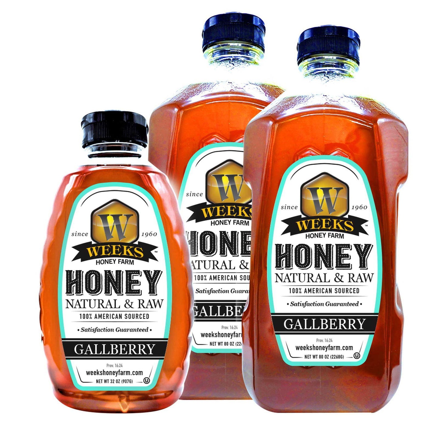 Three plastic bottles of Weeks Naturals | Weeks Honey Farm Our Best All-Natural Pure Raw Gallberry Honey with white and green labels hold golden brown, all-natural honey and are available in various sizes.