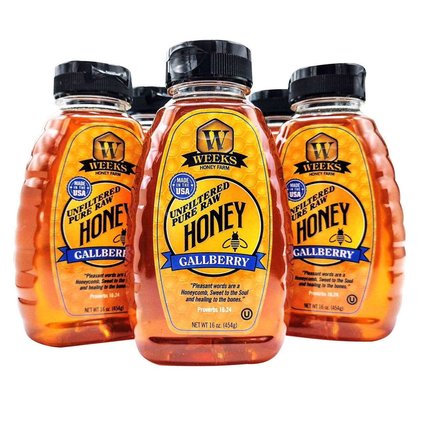 Five plastic bottles of Our Best All-Natural Pure Raw Gallberry Honey by Weeks Naturals | Weeks Honey Farm, filled with orange-gold honey. Yellow labels with blue accents; one bottle in front, four behind it.