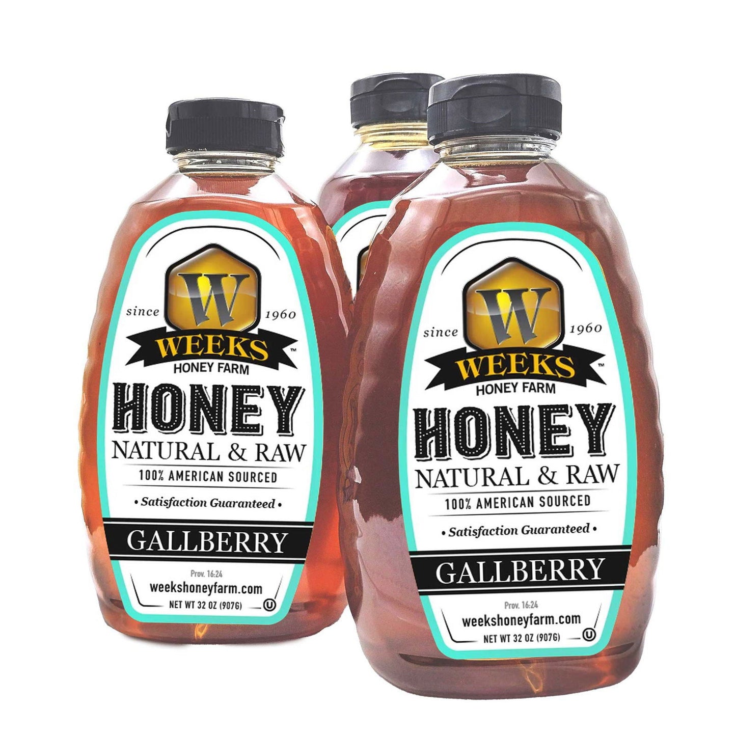 Three 32 oz bottles of Weeks Naturals' Our Best All-Natural Pure Raw Gallberry Honey, 100% American sourced from Georgia, with white and green labels and black caps—highlighting their signature wild honey.
