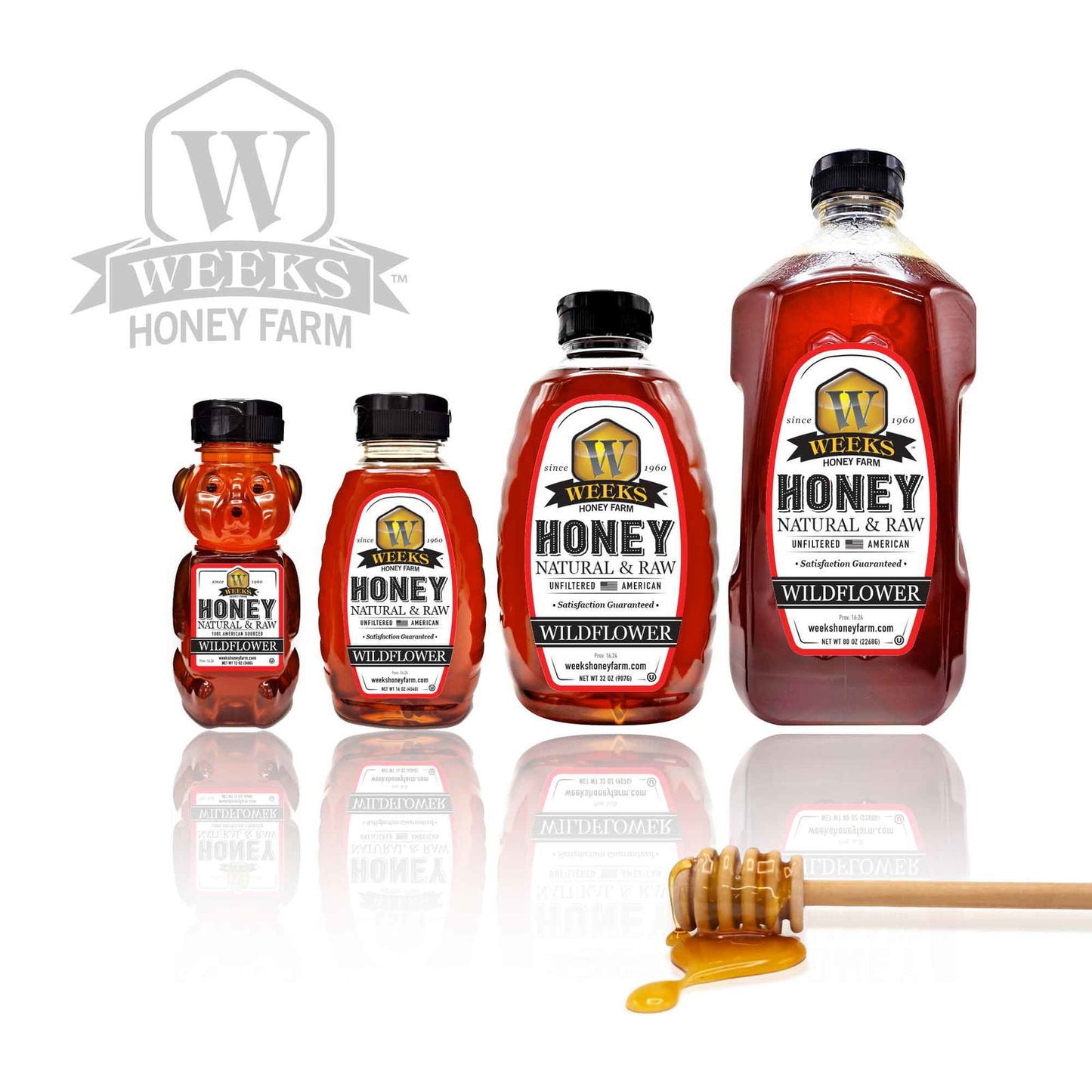 Four bottles of Our Best All-Natural Pure Raw Wildflower Honey from Weeks Naturals | Weeks Honey Farm in different sizes are lined up, with a honey dipper dripping golden honey and the brand logo on a white background.