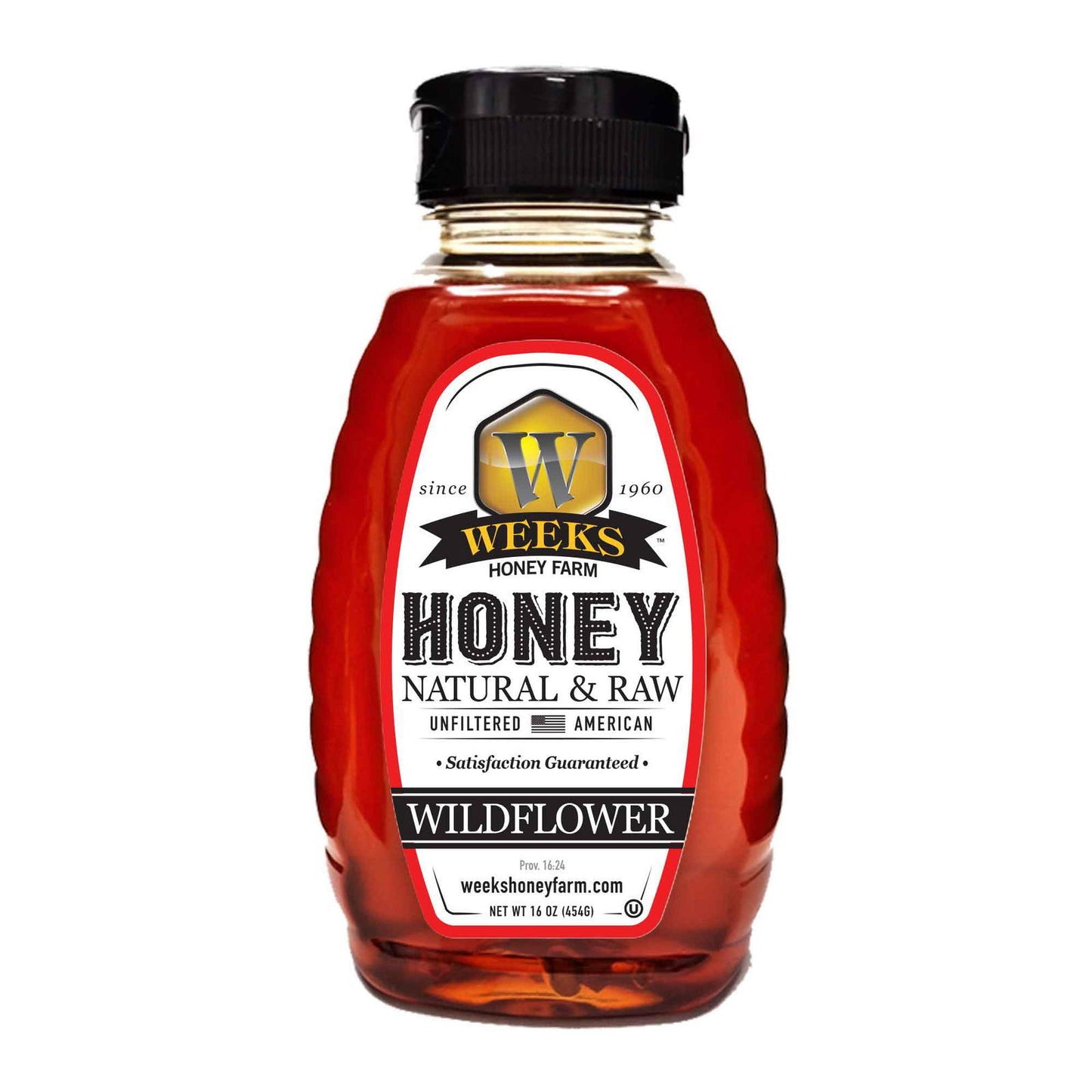 A clear plastic squeeze bottle of Weeks Naturals | Weeks Honey Farm Our Best All-Natural Pure Raw Wildflower Honey, showing golden honey. Label states Natural & Raw, Unfiltered, American. Enjoy pure Georgia honey—satisfaction guaranteed.