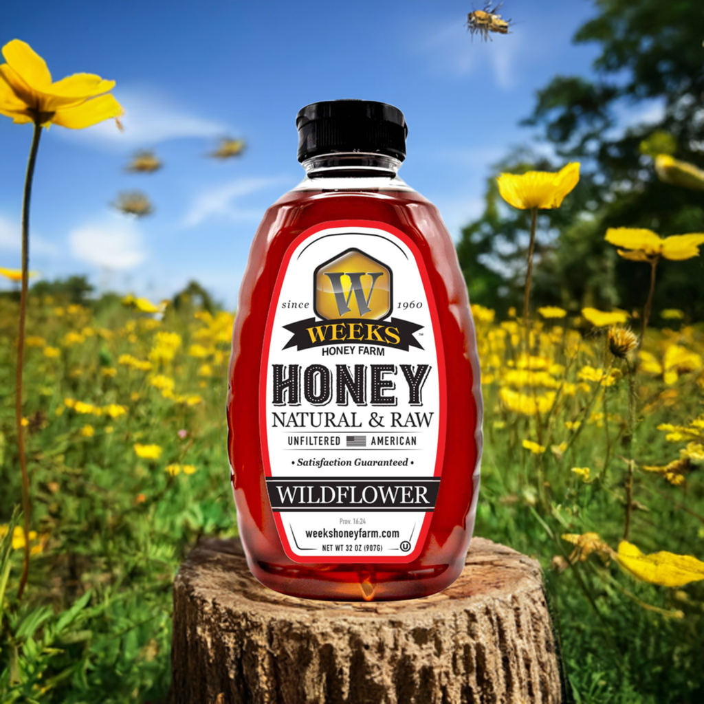 A bottle of Our Best All-Natural Pure Raw Wildflower Honey from Weeks Naturals | Weeks Honey Farm sits on a tree stump in a sunny wildflower field, surrounded by yellow flowers and bees in the background.