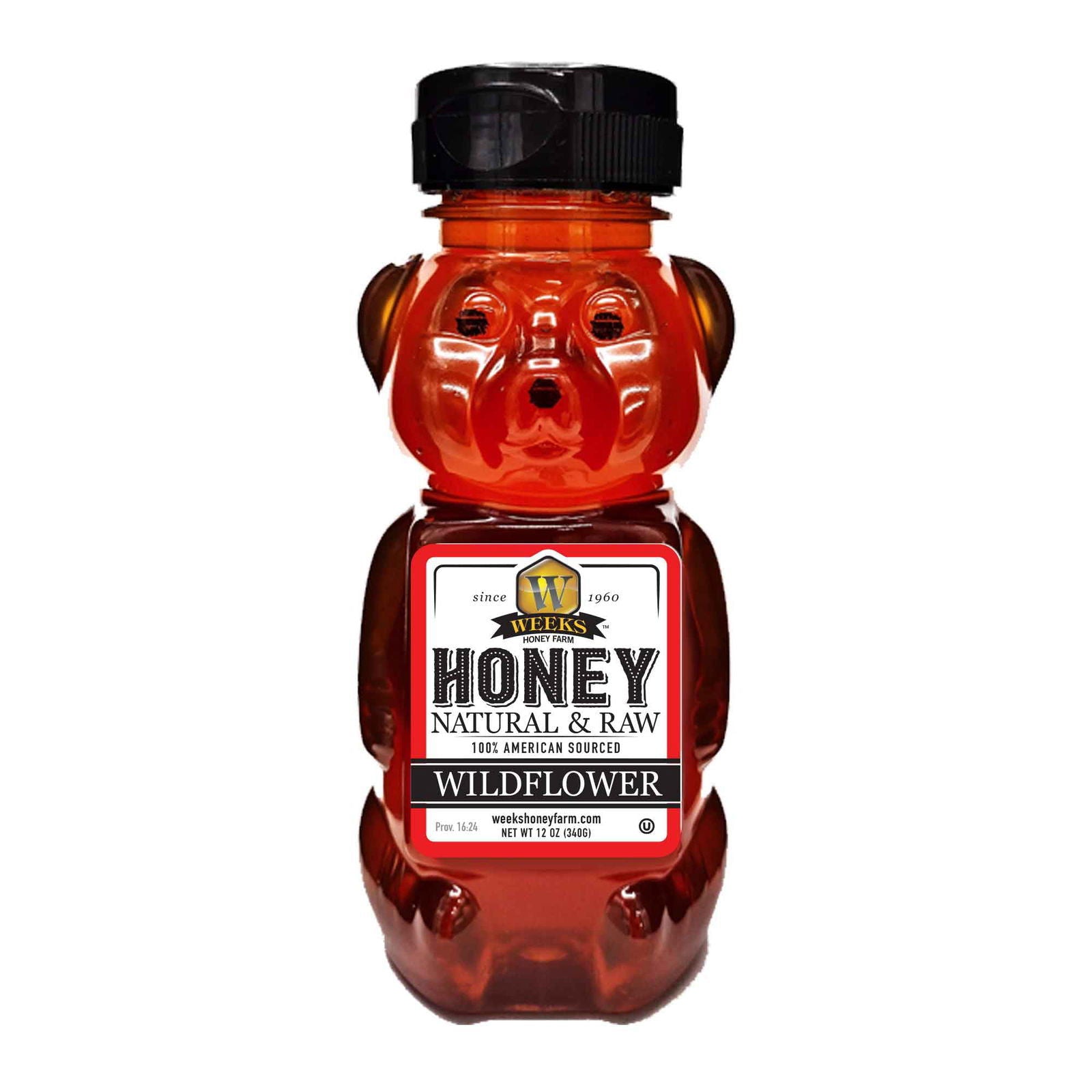 A plastic bear-shaped bottle with a black flip-top cap holds amber Our Best All-Natural Pure Raw Wildflower Honey by Weeks Naturals | Weeks Honey Farm. The label says 100% American Sourced. Enjoy pure Georgia honey in every drop.