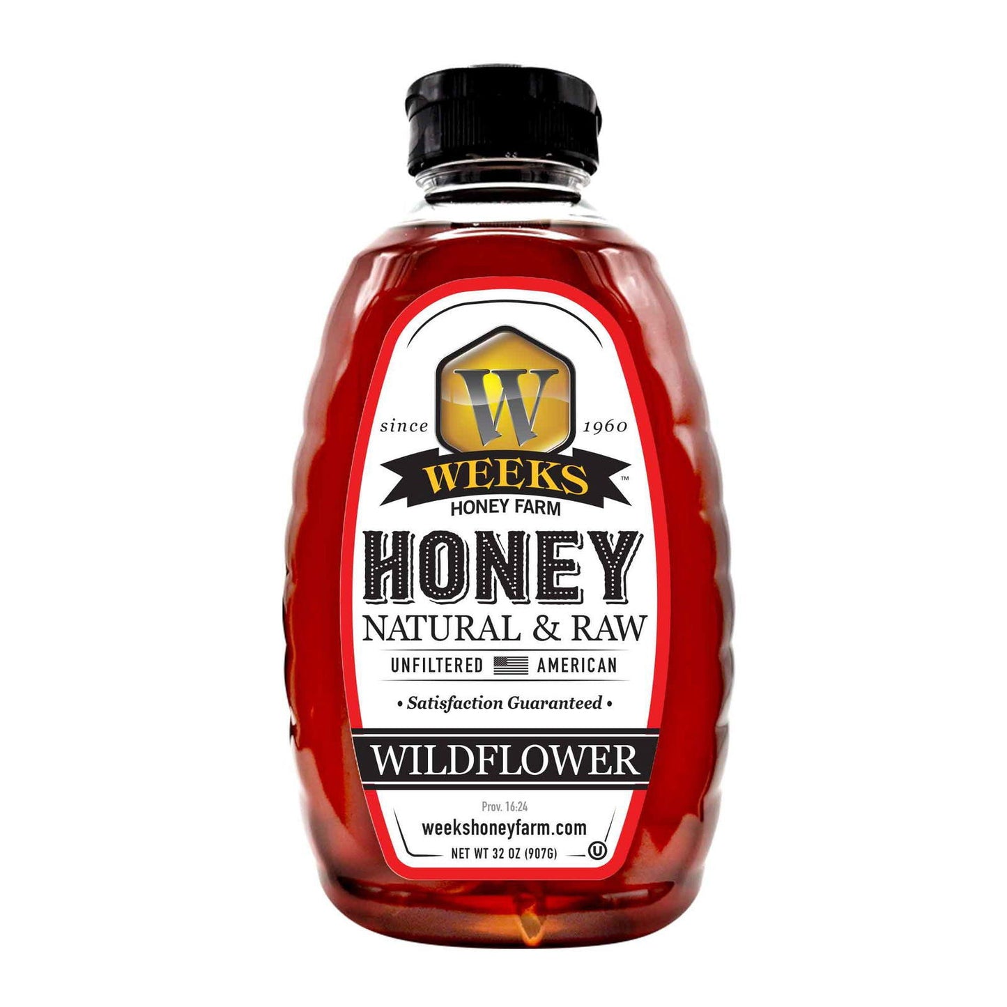 A 32 oz (907g) clear plastic bottle of Our Best All-Natural Pure Raw Wildflower Honey by Weeks Naturals | Weeks Honey Farm, with a black cap and white label stating Natural & Raw, Unfiltered, American, Satisfaction Guaranteed.