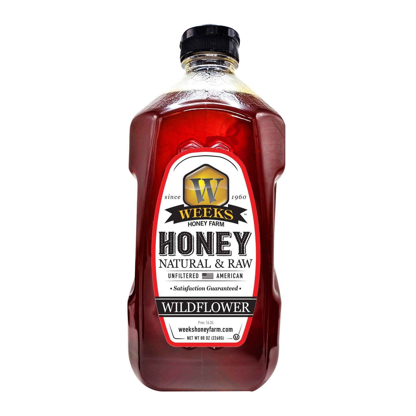 A clear plastic bottle with a black cap holds dark amber raw wildflower honey. The front label reads "Weeks Naturals | Weeks Honey Farm, Our Best All-Natural Pure Raw Wildflower Honey, Unfiltered American.